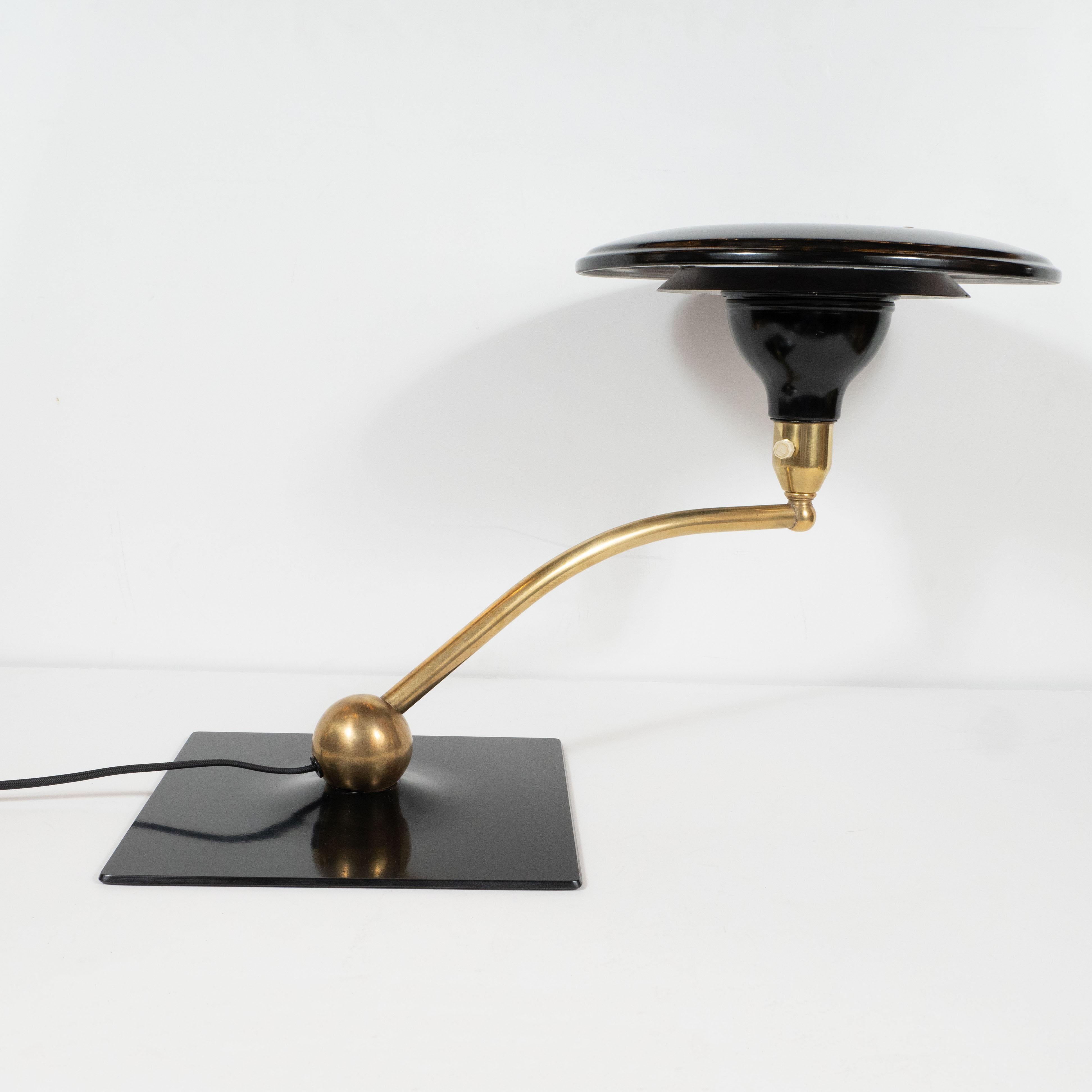 Art Deco Machine Age Black Lacquer and Brass Swing Arm Table Lamp 1