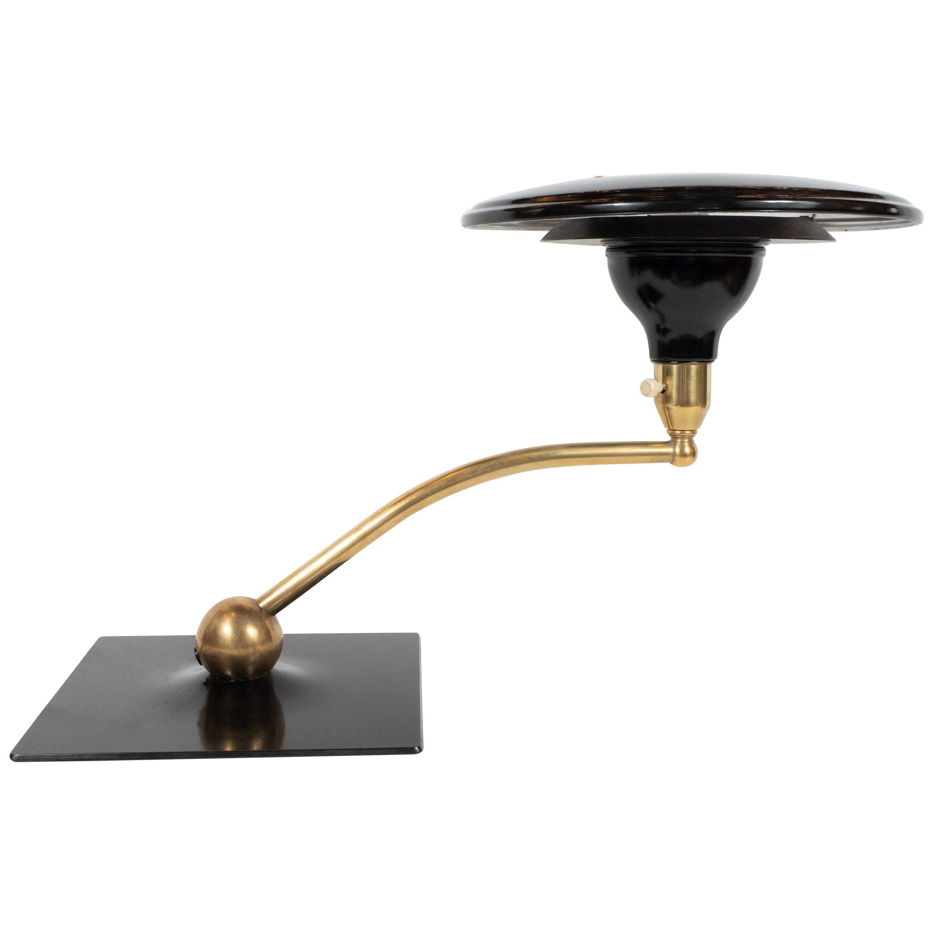 Art Deco Machine Age Black Lacquer and Brass Swing Arm Table Lamp