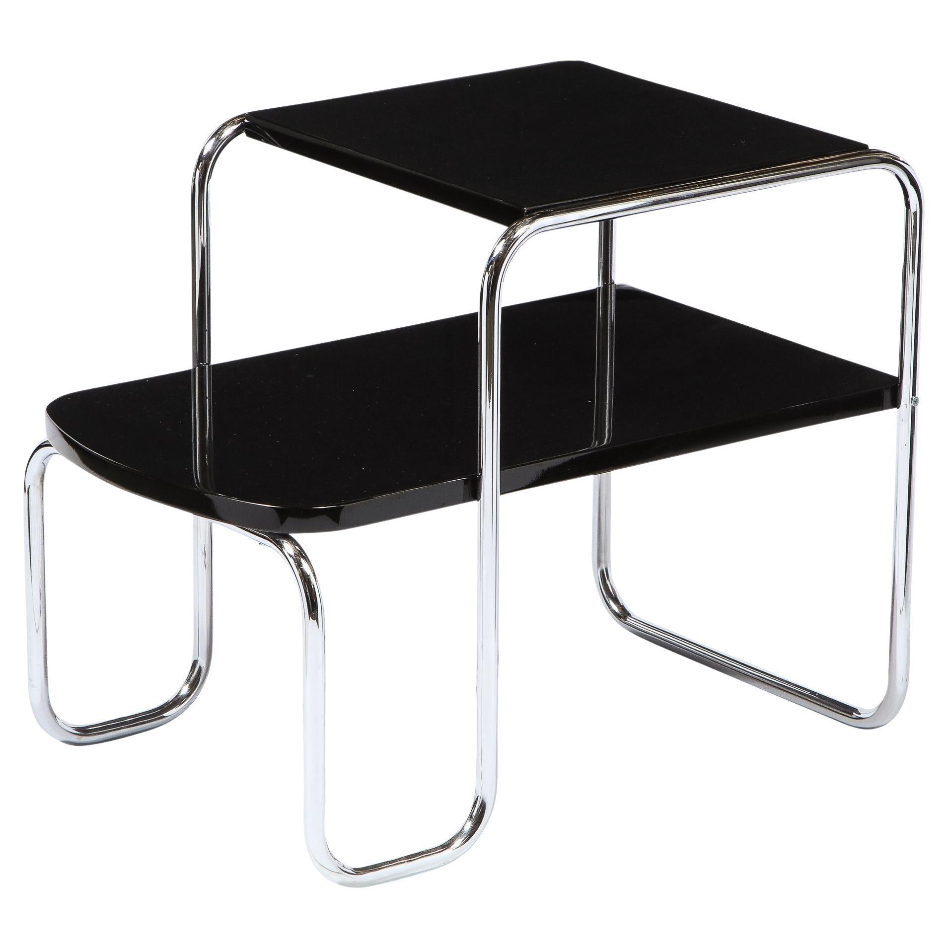 Art Deco Machine Age Black Lacquer and Polished Chrome Two Tier Side/End Table