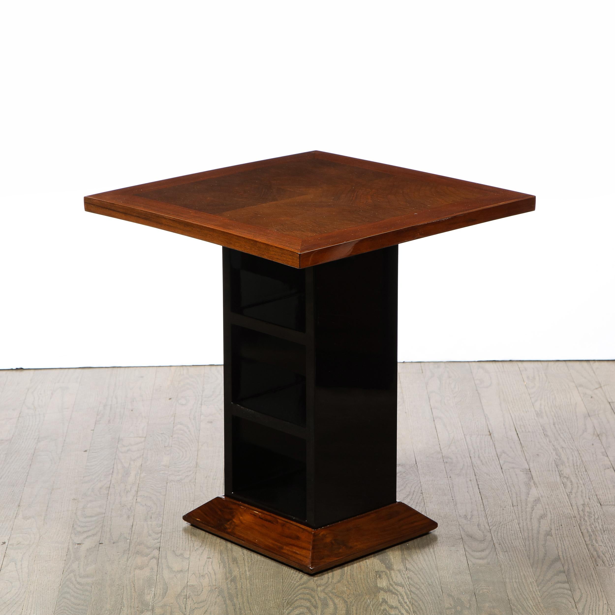 American Art Deco Machine Age Black Lacquer & Bookmatched Walnut Side / End Table
