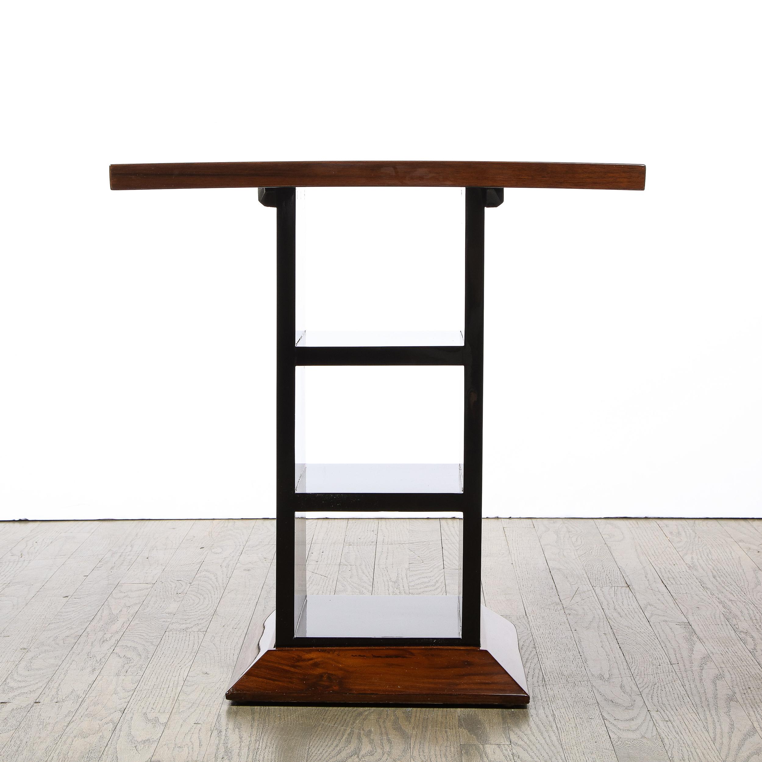 Mid-20th Century Art Deco Machine Age Black Lacquer & Bookmatched Walnut Side / End Table