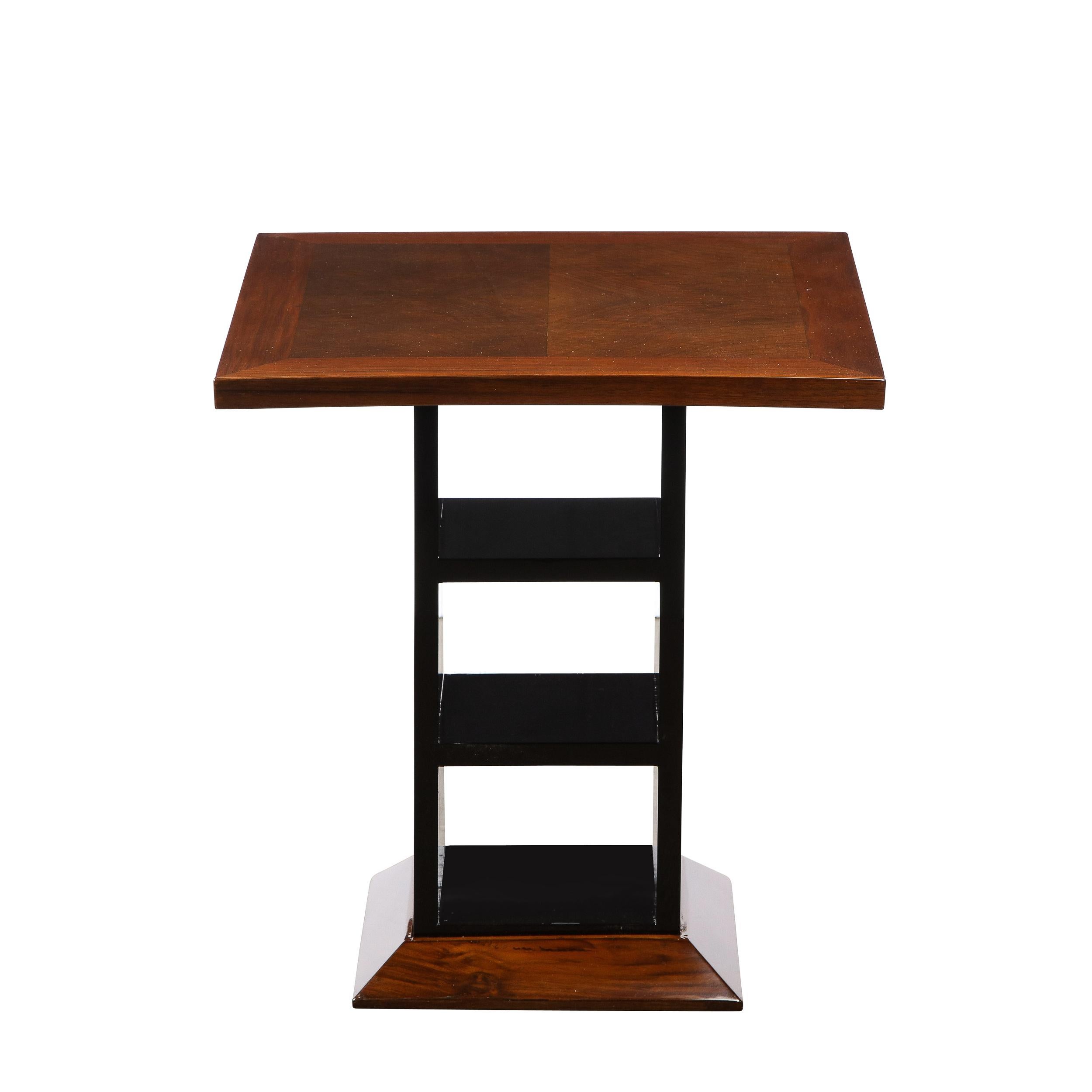 Art Deco Machine Age Black Lacquer & Bookmatched Walnut Side / End Table