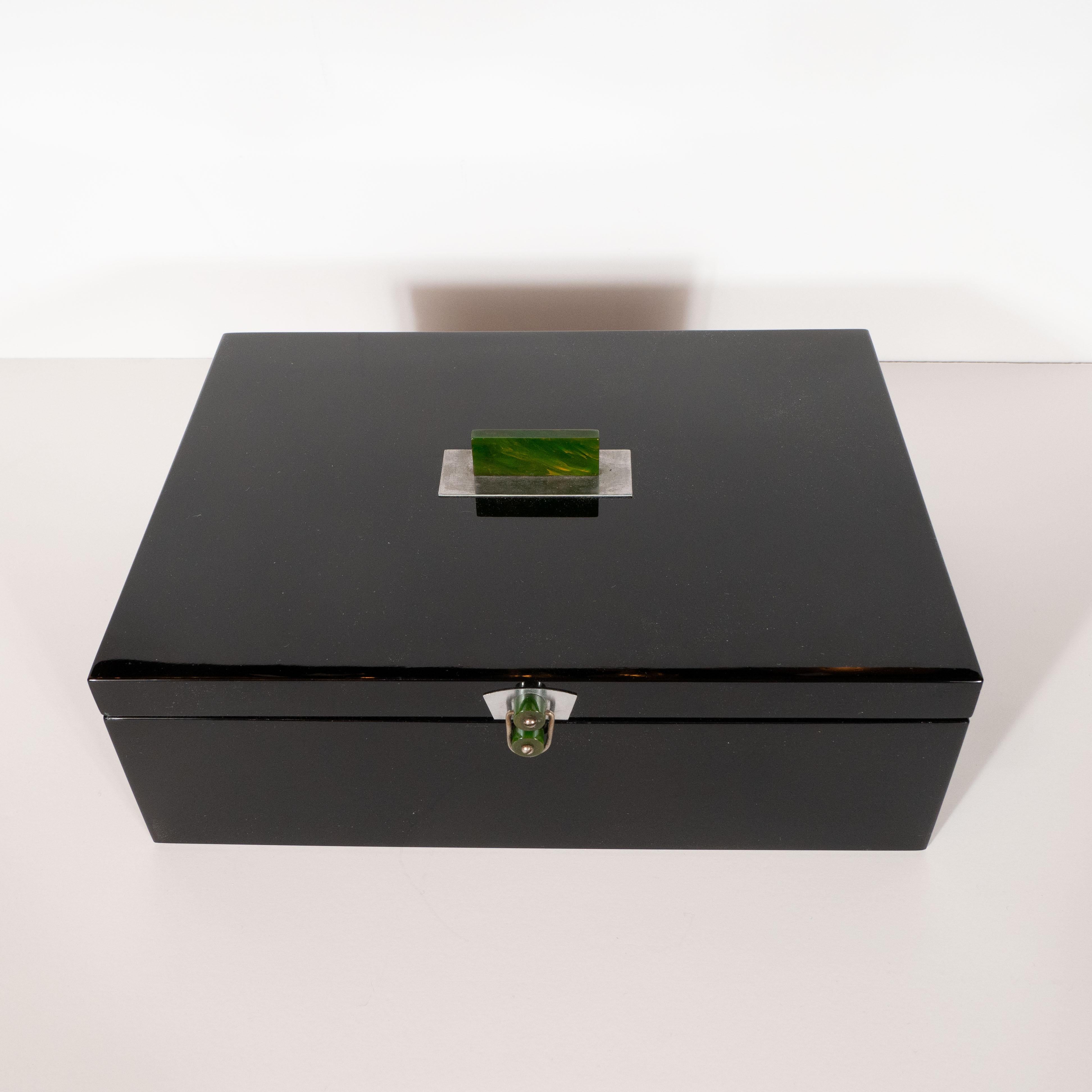 Art Deco Machine Age Black Lacquer, Brushed Aluminium and Jade Bakelite Box In Excellent Condition In New York, NY