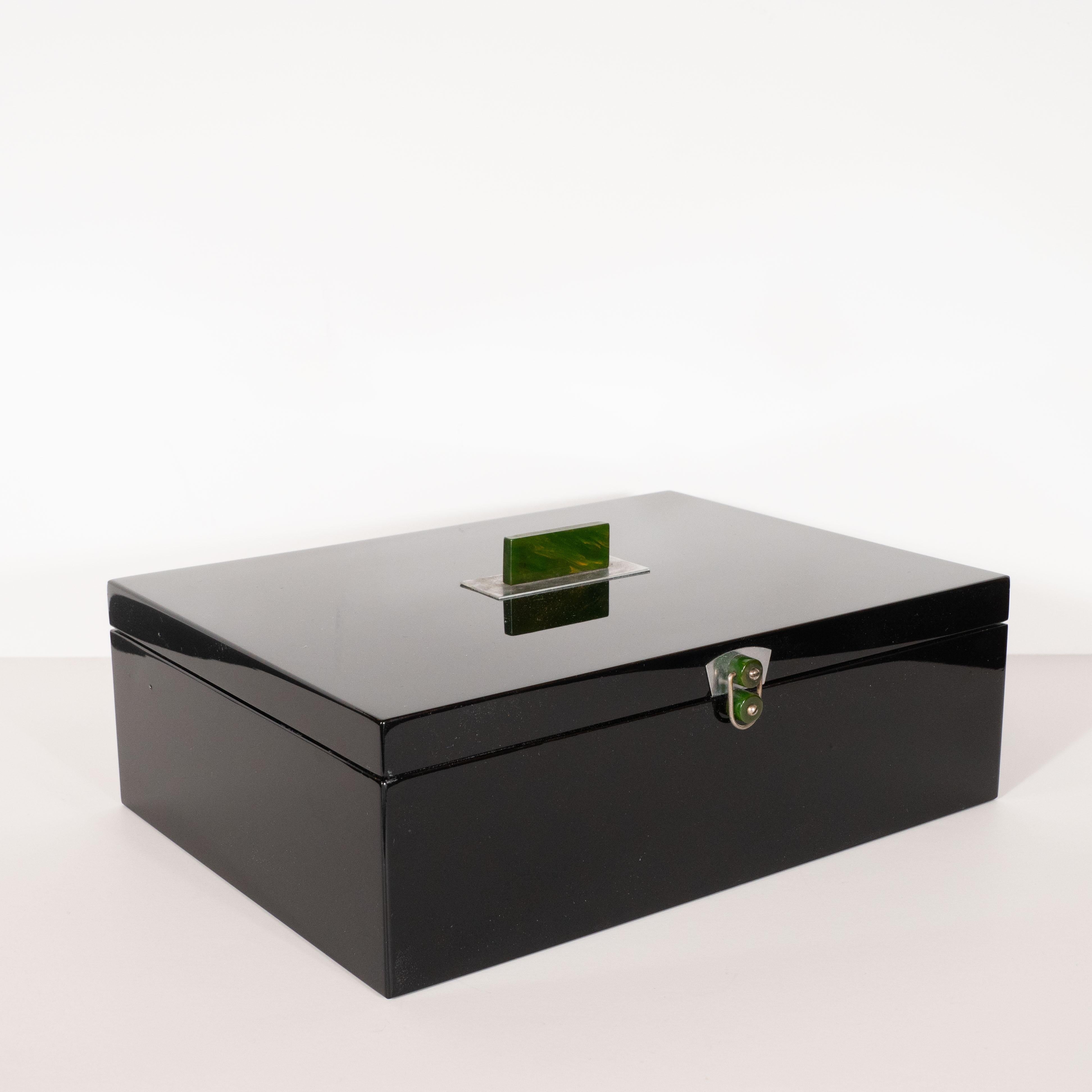 Mid-20th Century Art Deco Machine Age Black Lacquer, Brushed Aluminium and Jade Bakelite Box