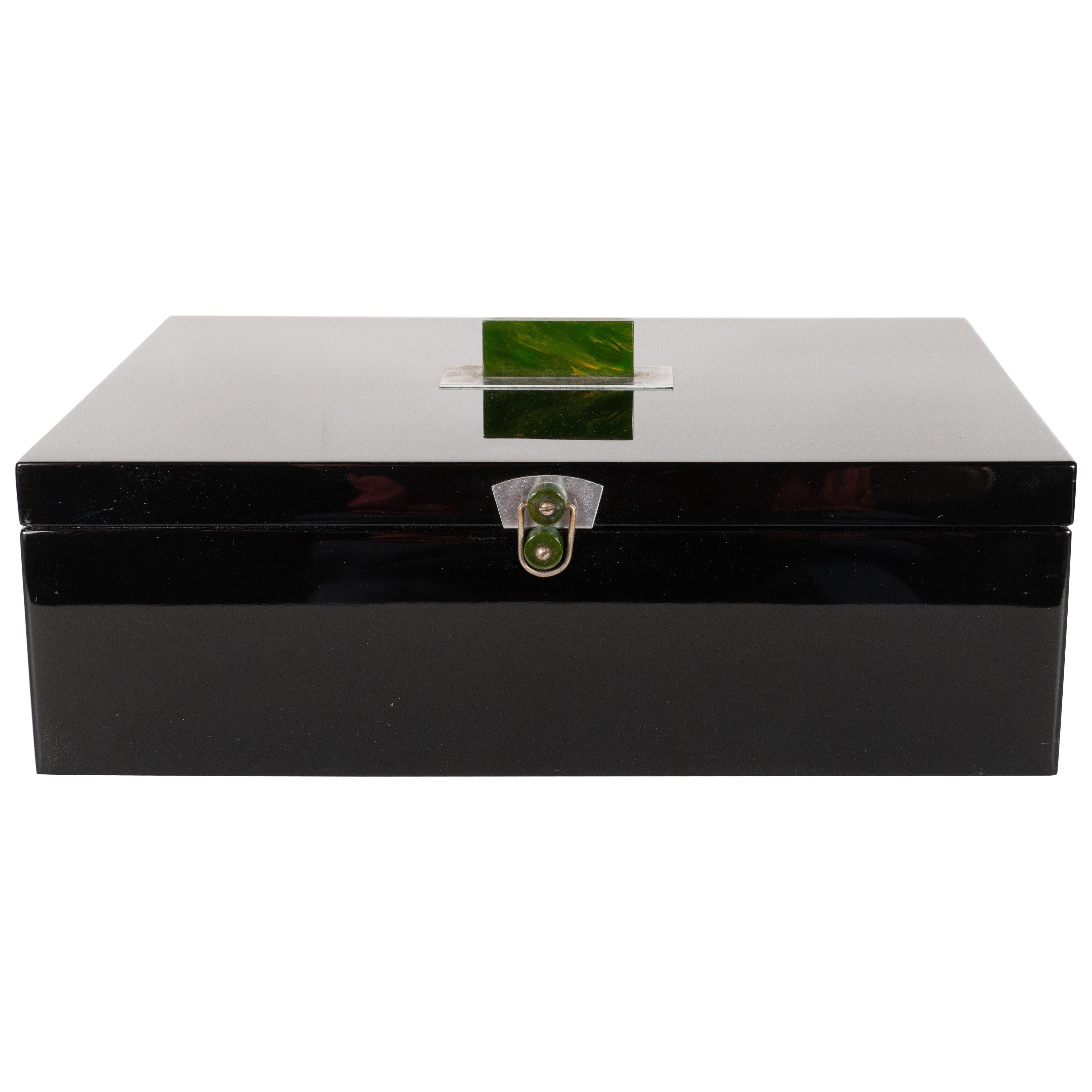 Art Deco Machine Age Black Lacquer, Brushed Aluminium and Jade Bakelite Box