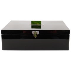 Art Deco Machine Age Black Lacquer, Brushed Aluminium and Jade Bakelite Box