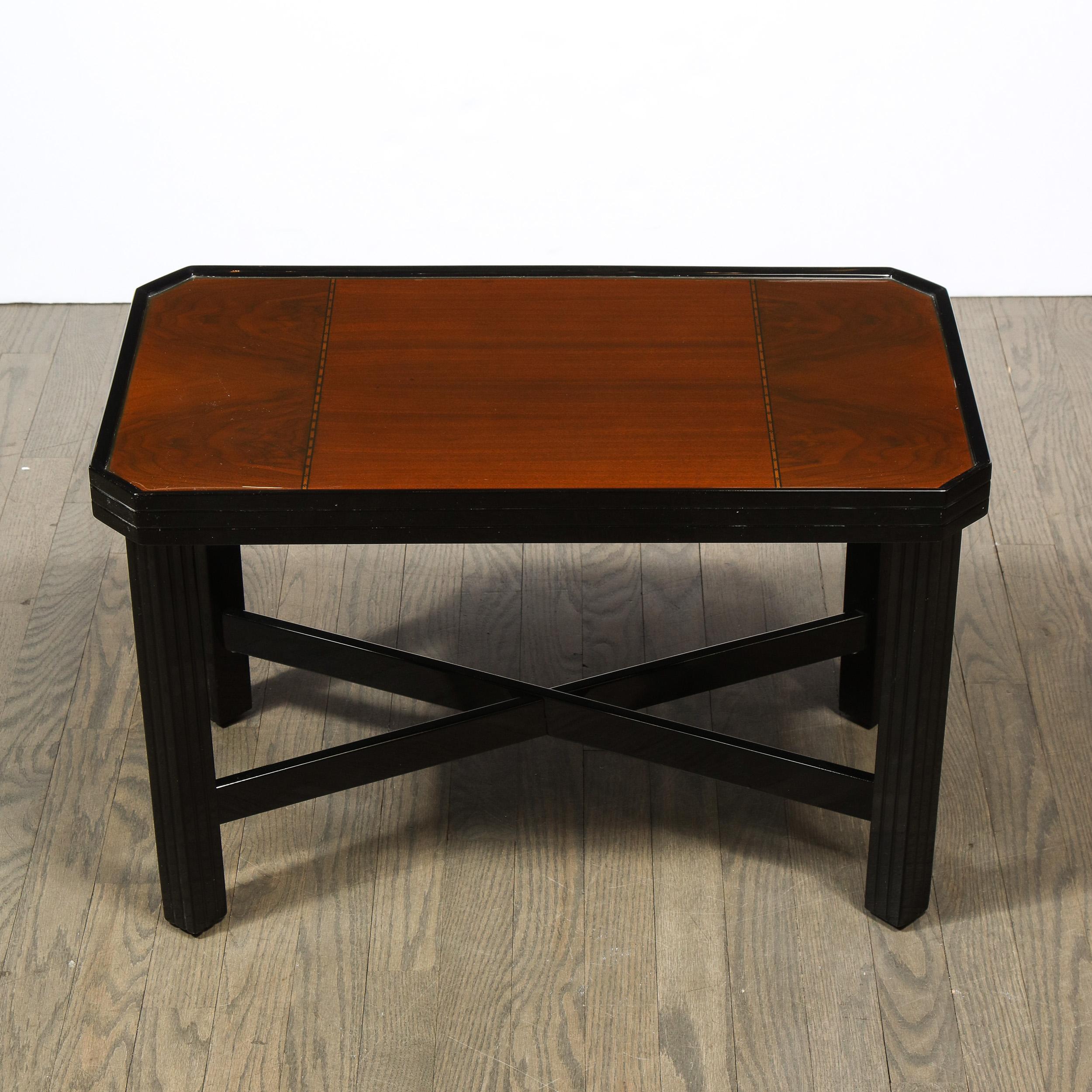 American Art Deco Machine Age Black Lacquer Burled & Bookmatched Walnut Side Table For Sale