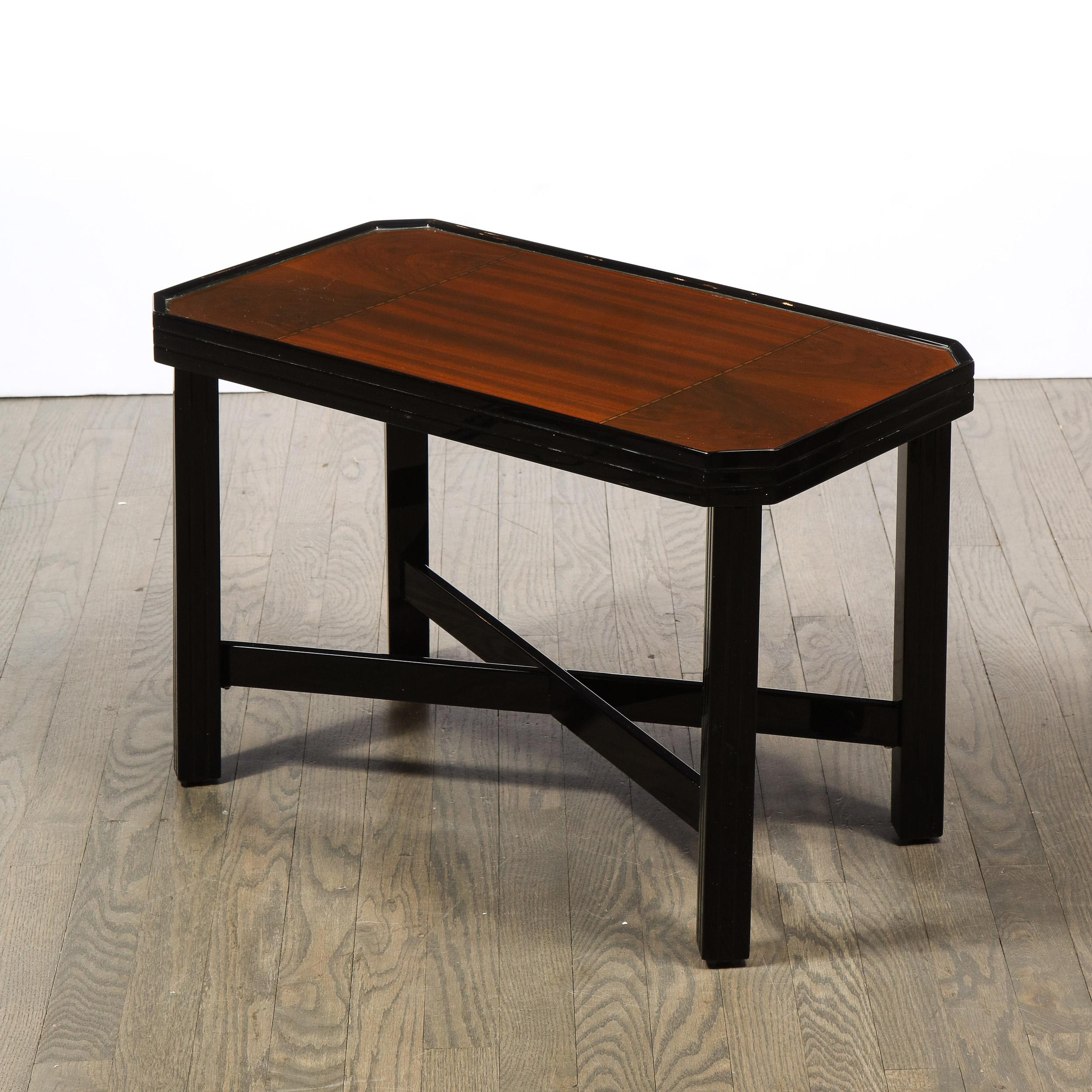 Art Deco Machine Age Black Lacquer Burled & Bookmatched Walnut Side Table In Excellent Condition For Sale In New York, NY