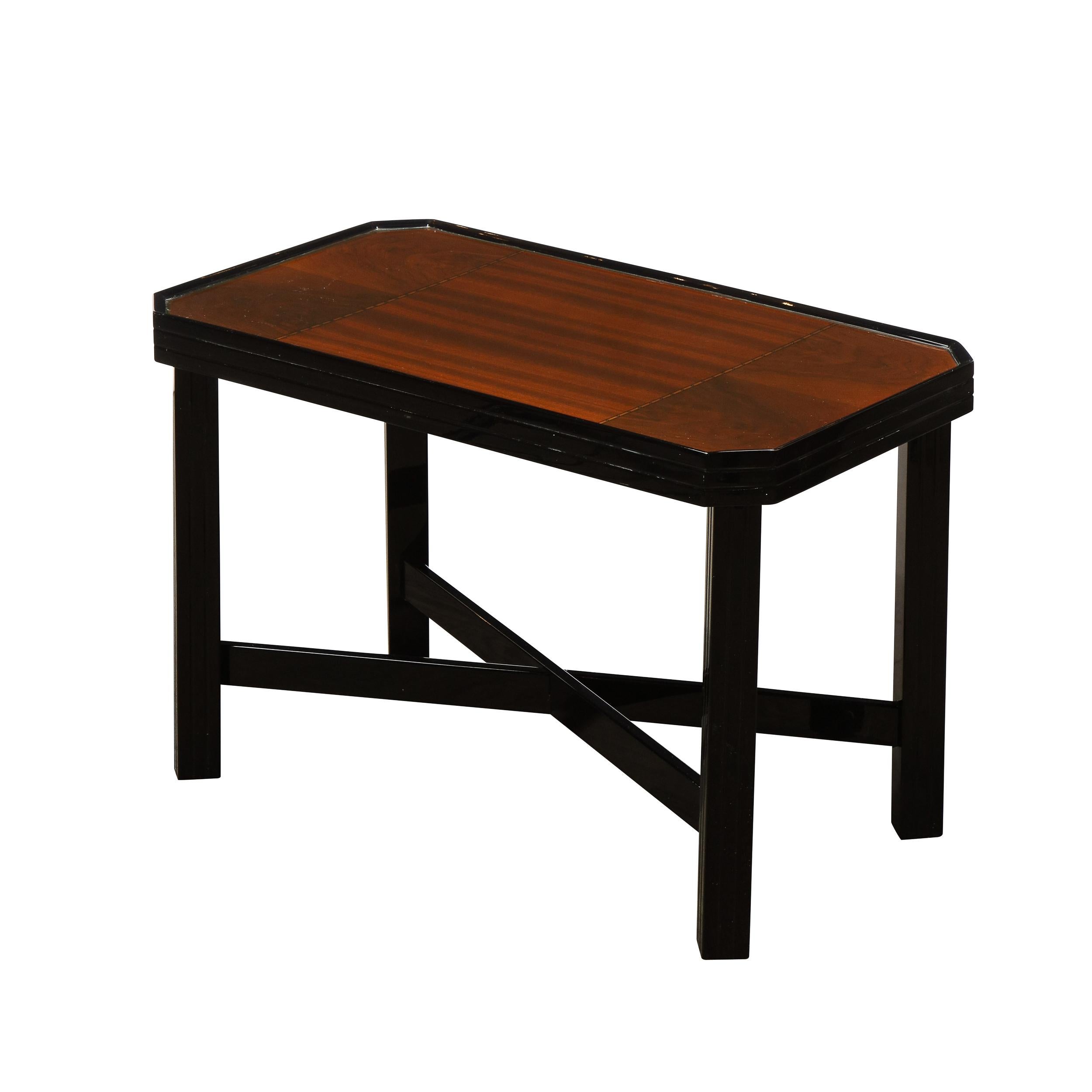 Mid-20th Century Art Deco Machine Age Black Lacquer Burled & Bookmatched Walnut Side Table For Sale