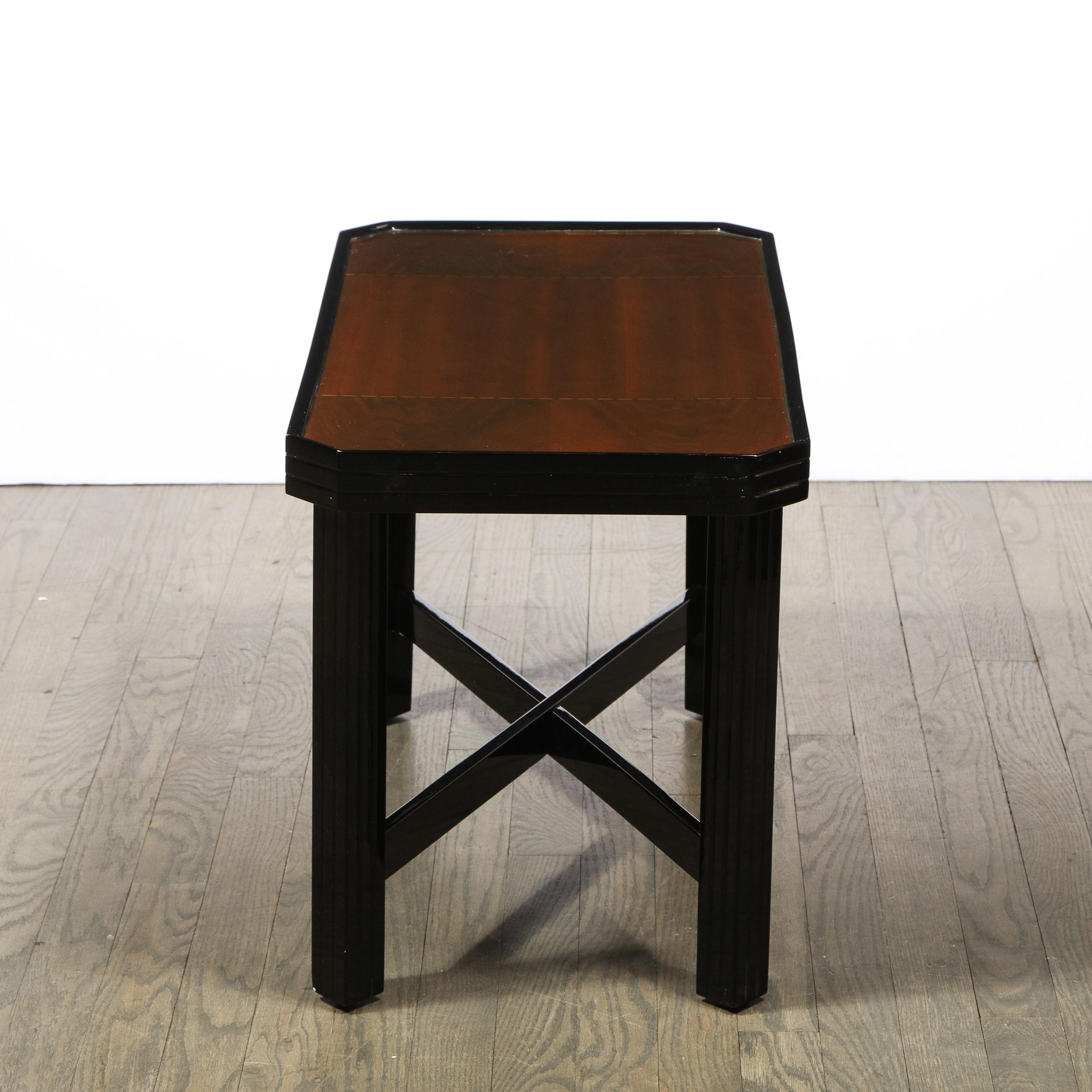 Art Deco Machine Age Black Lacquer Burled & Bookmatched Walnut Side Table For Sale 1