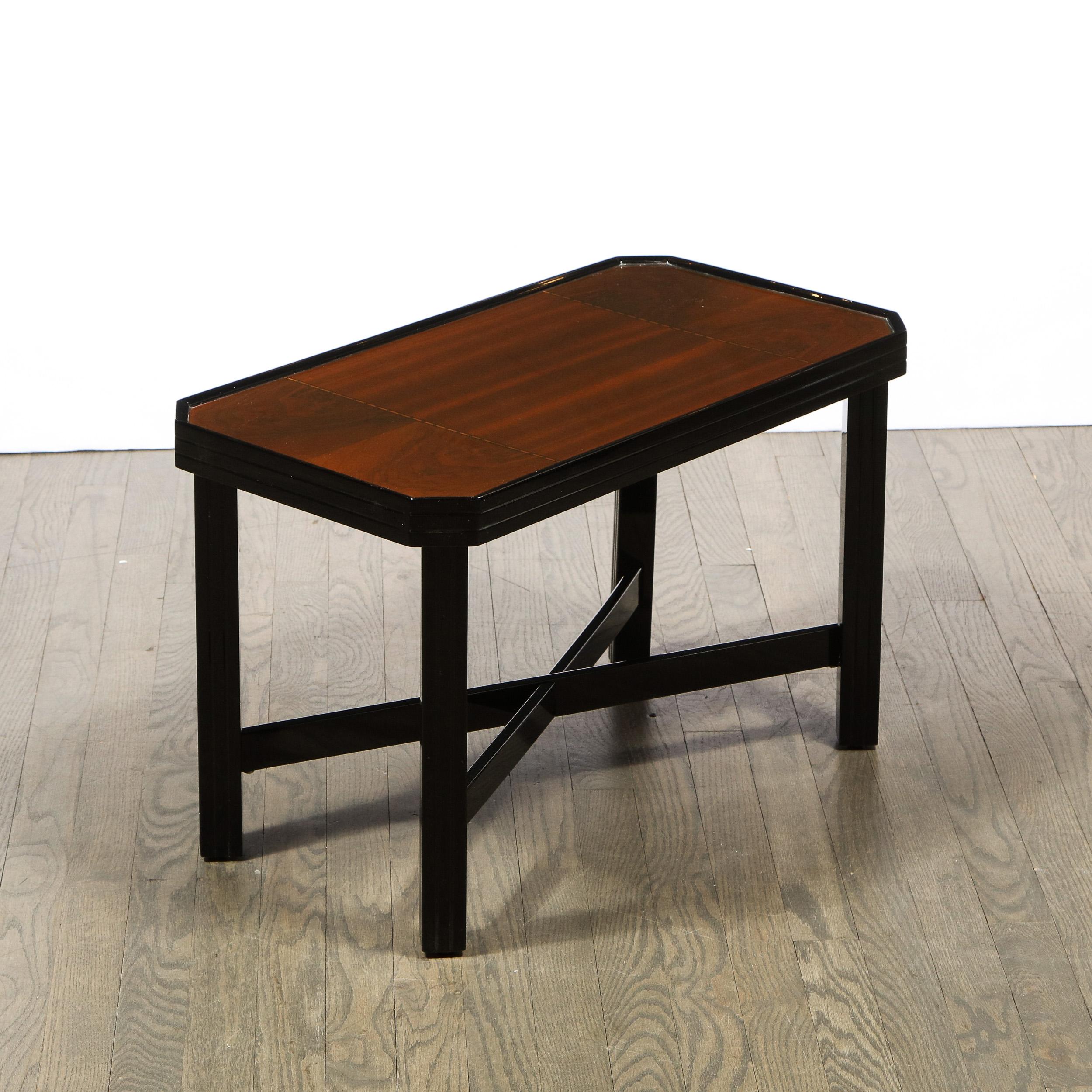 Art Deco Machine Age Black Lacquer Burled & Bookmatched Walnut Side Table For Sale 2