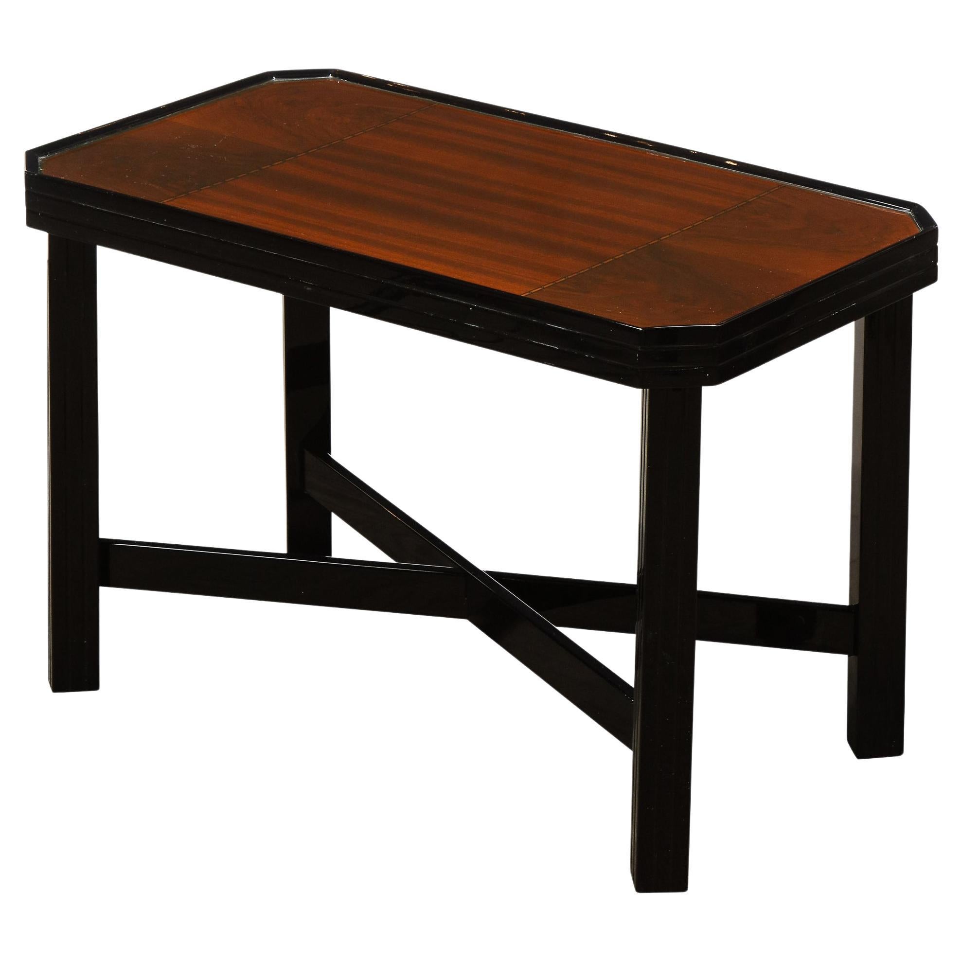 Art Deco Machine Age Black Lacquer Burled & Bookmatched Walnut Side Table For Sale