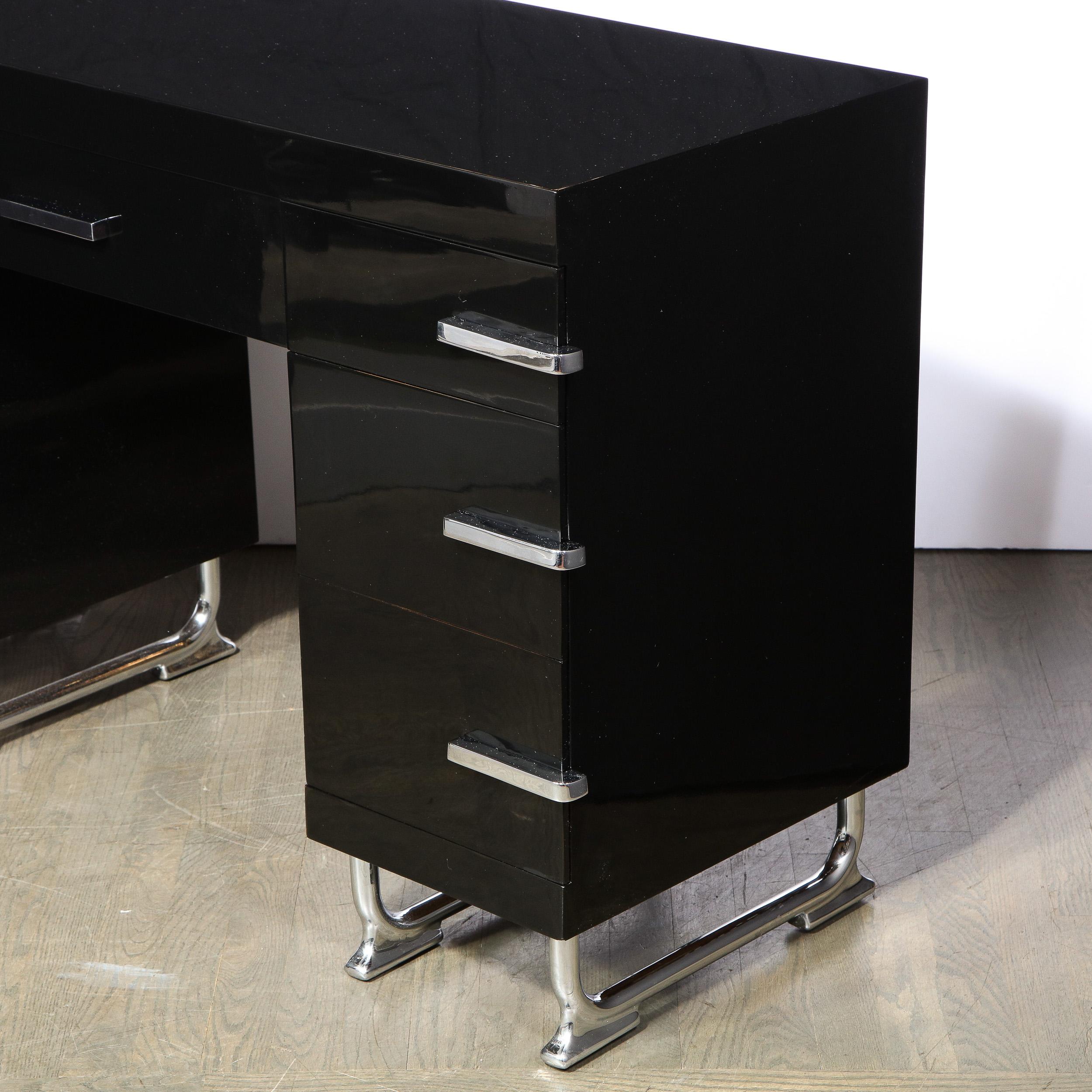 Art Deco Machine Age Black Lacquer Desk with Streamlined Chrome Pulls 4