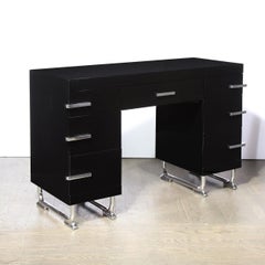 Art Deco Machine Age Black Lacquer Desk with Streamlined Chrome Pulls