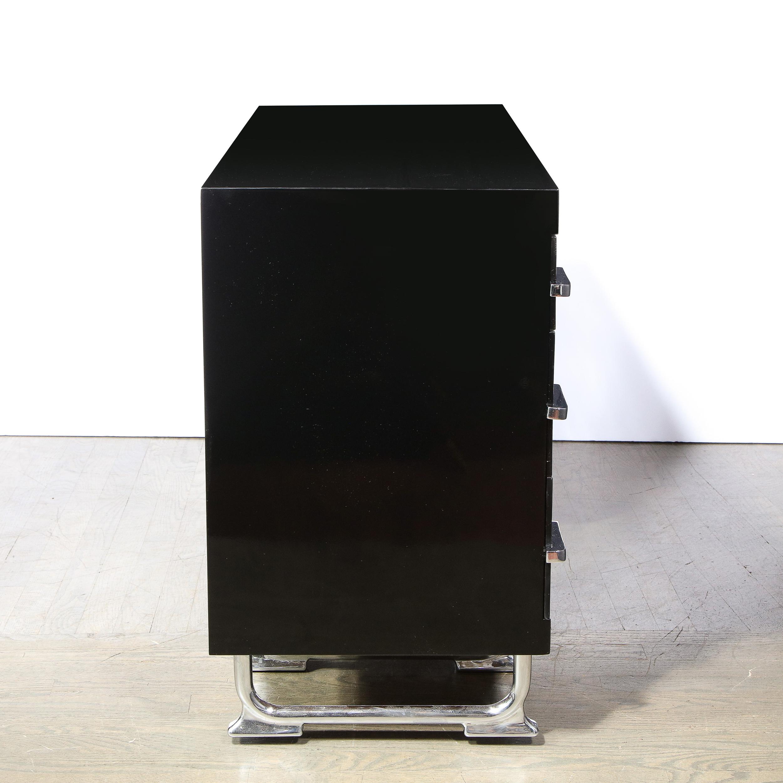 Art Deco Machine Age Black Lacquer Desk with Streamlined Chrome Pulls In Excellent Condition In New York, NY