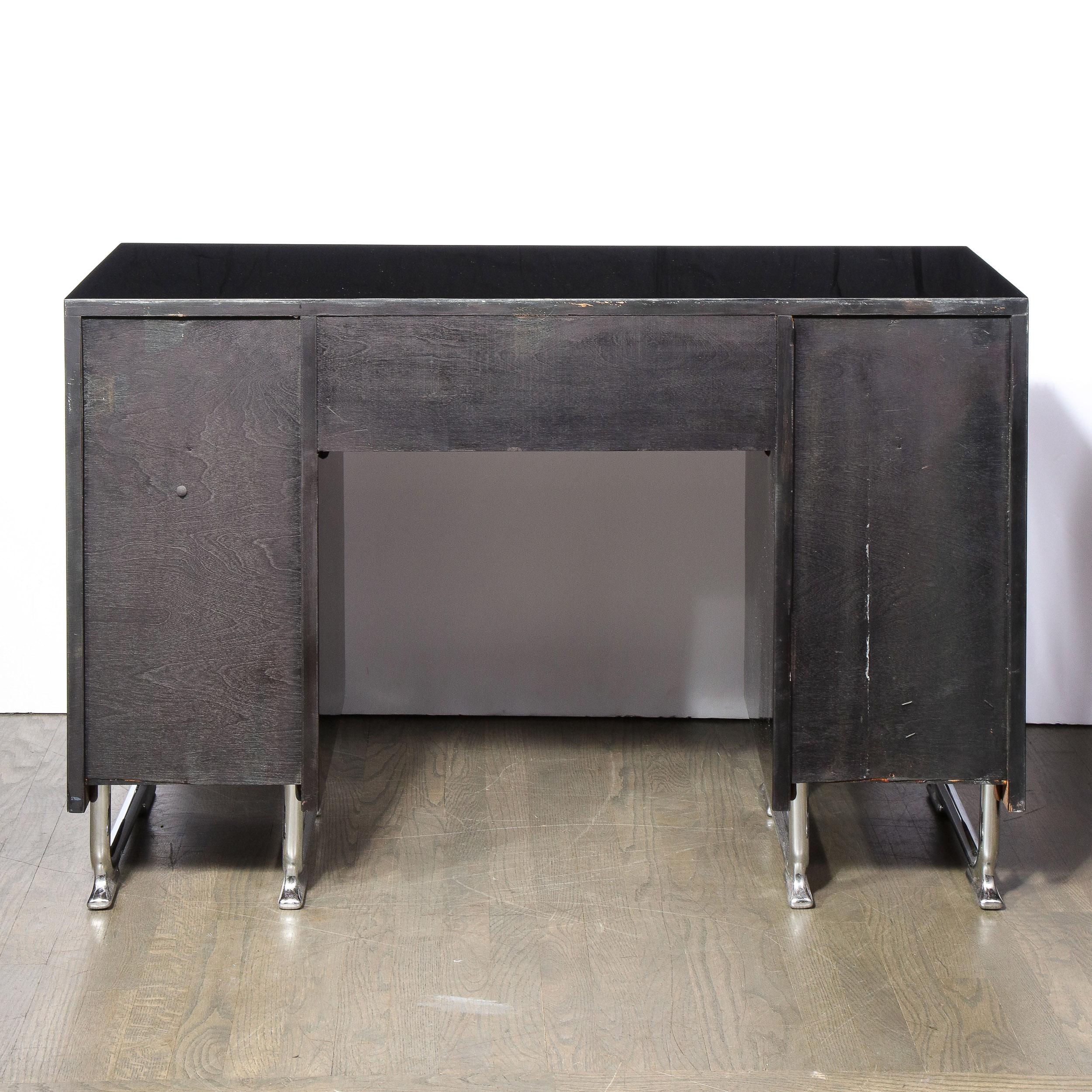 Art Deco Machine Age Black Lacquer Desk with Streamlined Chrome Pulls 1