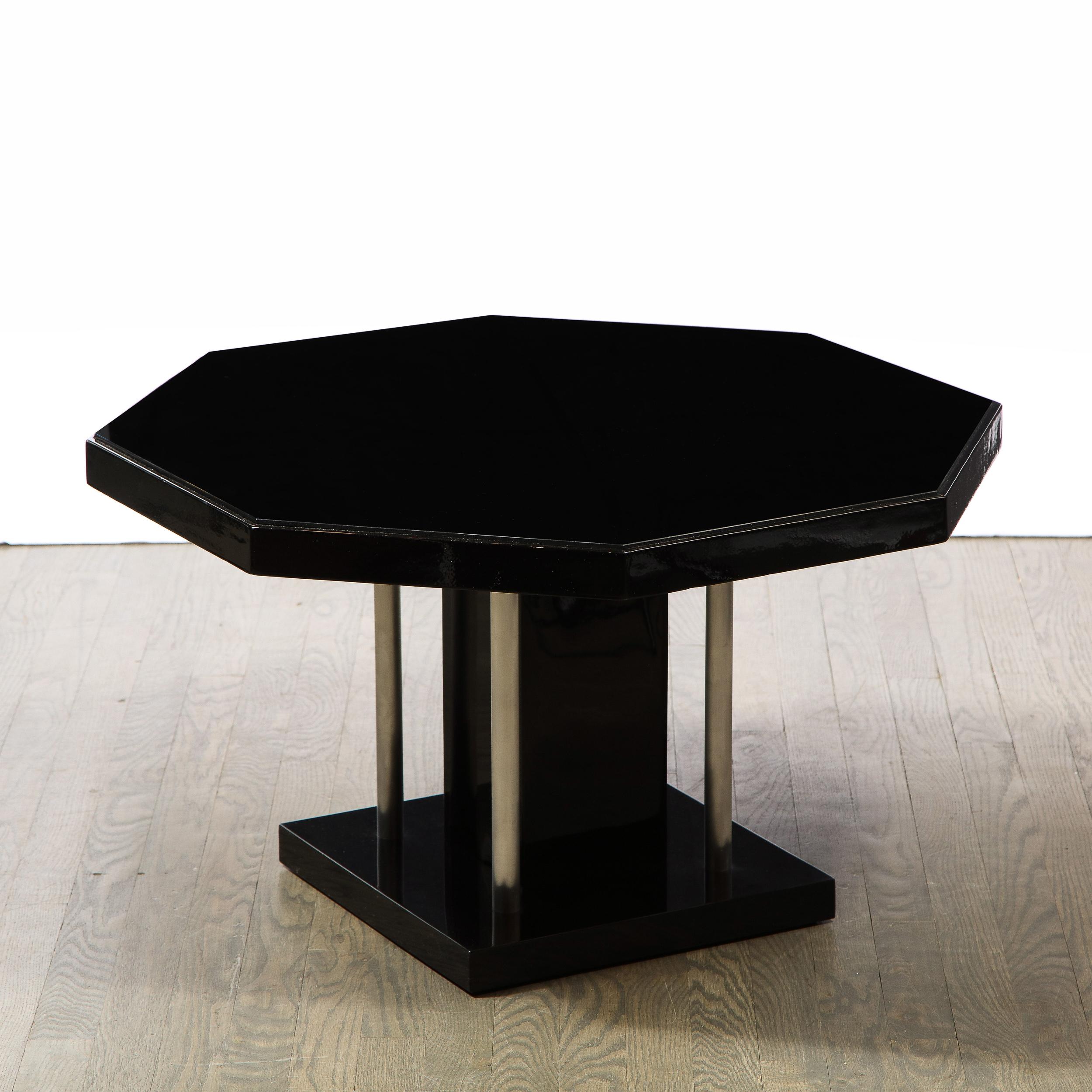 Art Deco Machine Age Black Lacquer, Vitrolite & Brushed Aluminum Cocktail Table In Excellent Condition In New York, NY