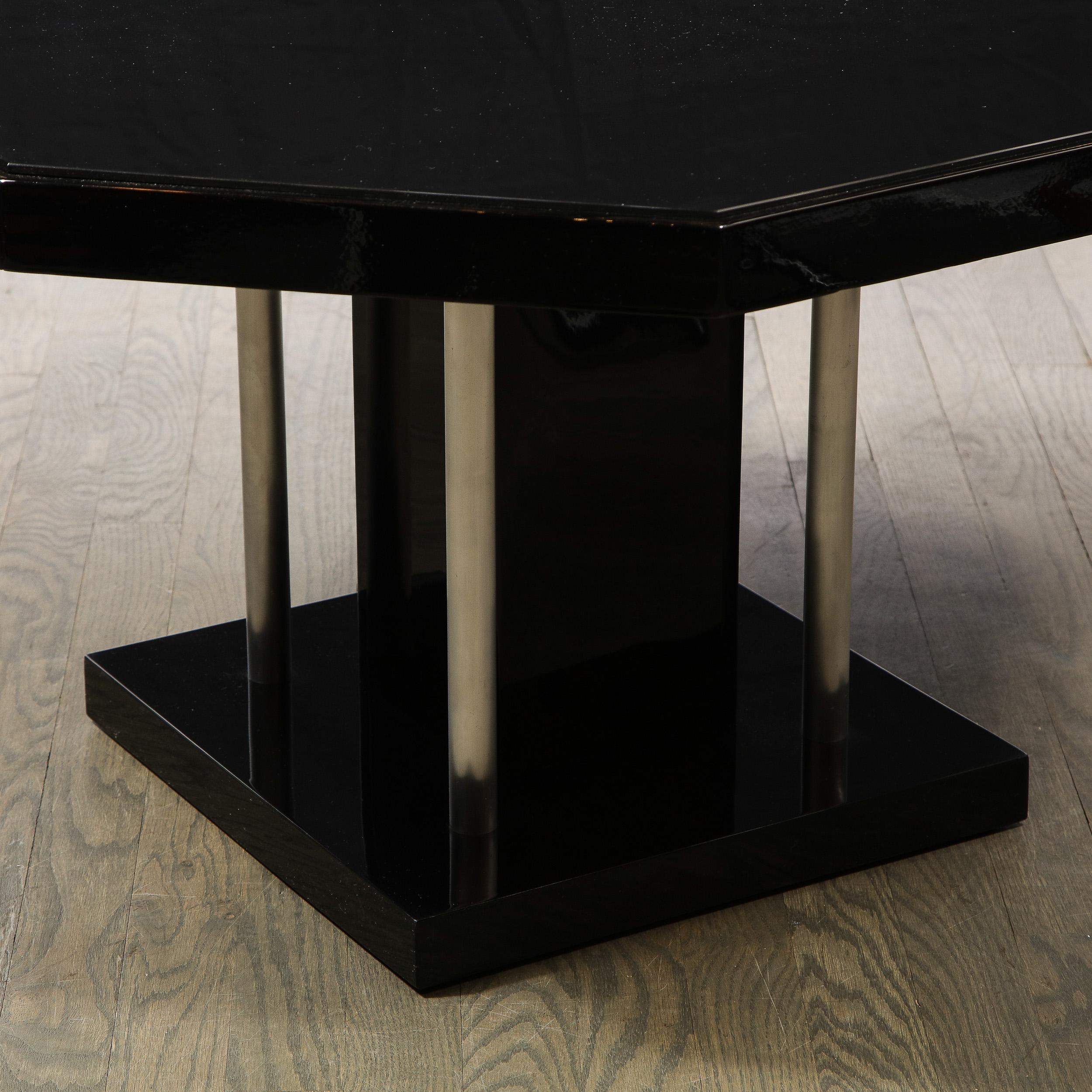 Mid-20th Century Art Deco Machine Age Black Lacquer, Vitrolite & Brushed Aluminum Cocktail Table