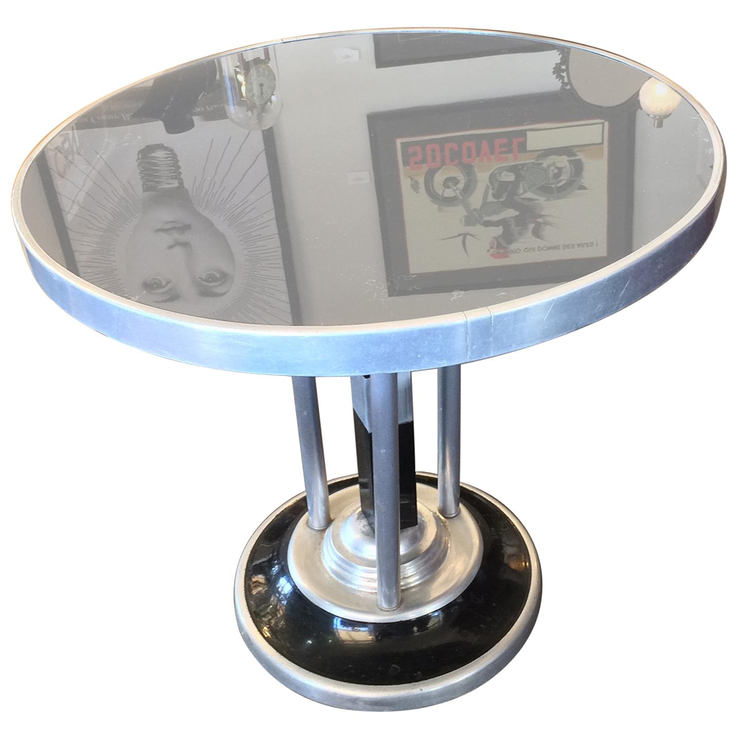 Art Deco Machine Age Black Vitrolite and Polished Aluminium Coffee Side Table For Sale
