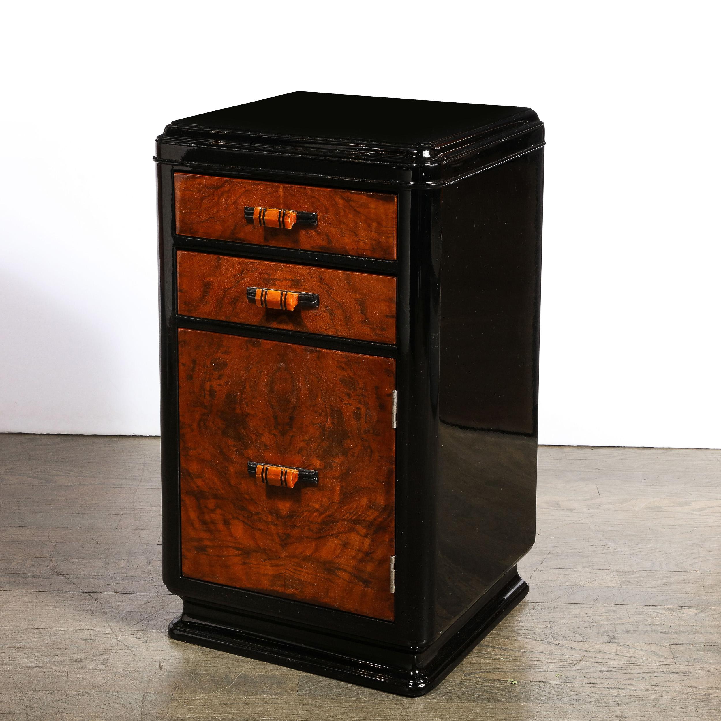 Art Deco Machine Age Book-Matched Walnut & Black Lacquer End Table/ Nightstand 8