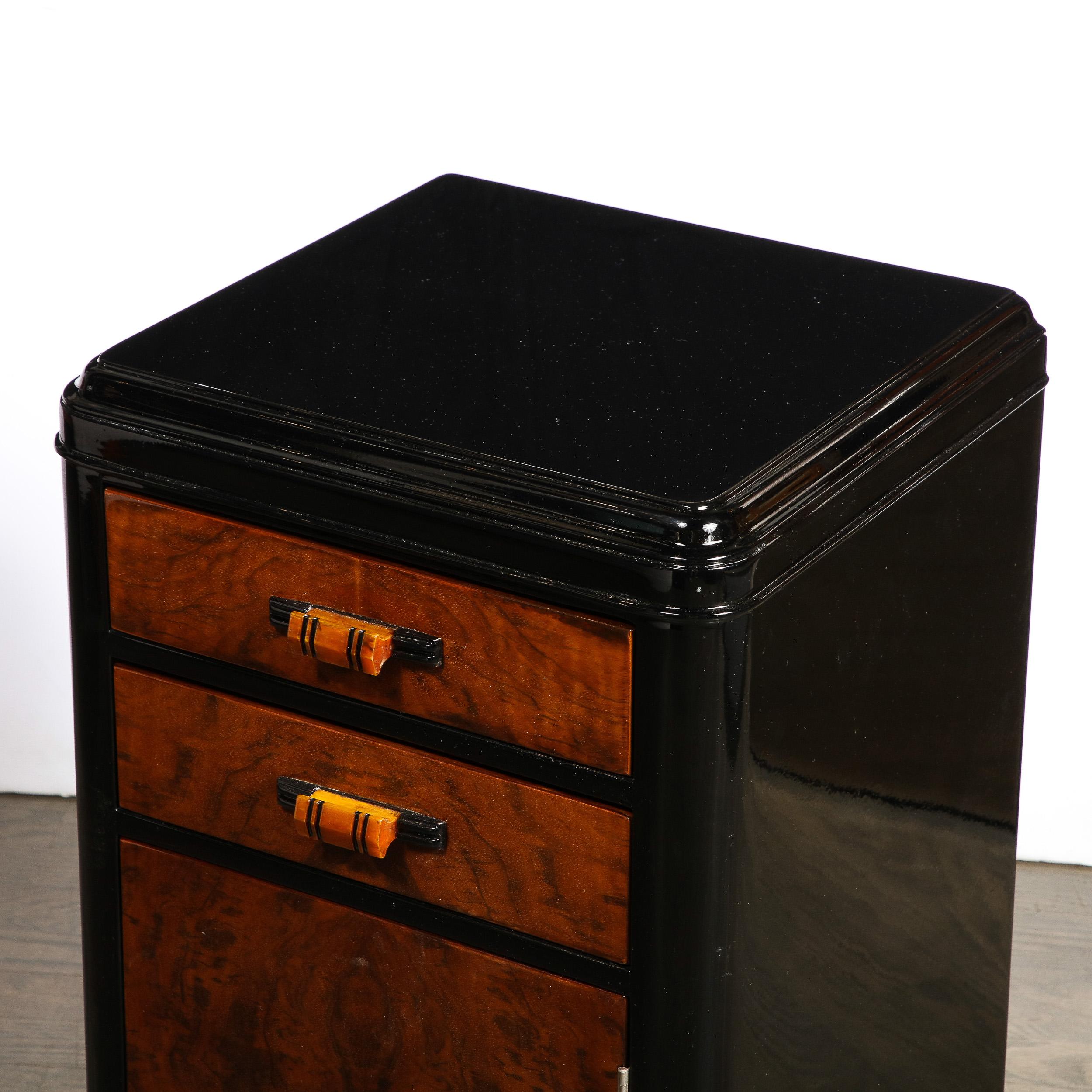Art Deco Machine Age Book-Matched Walnut & Black Lacquer End Table/ Nightstand 9