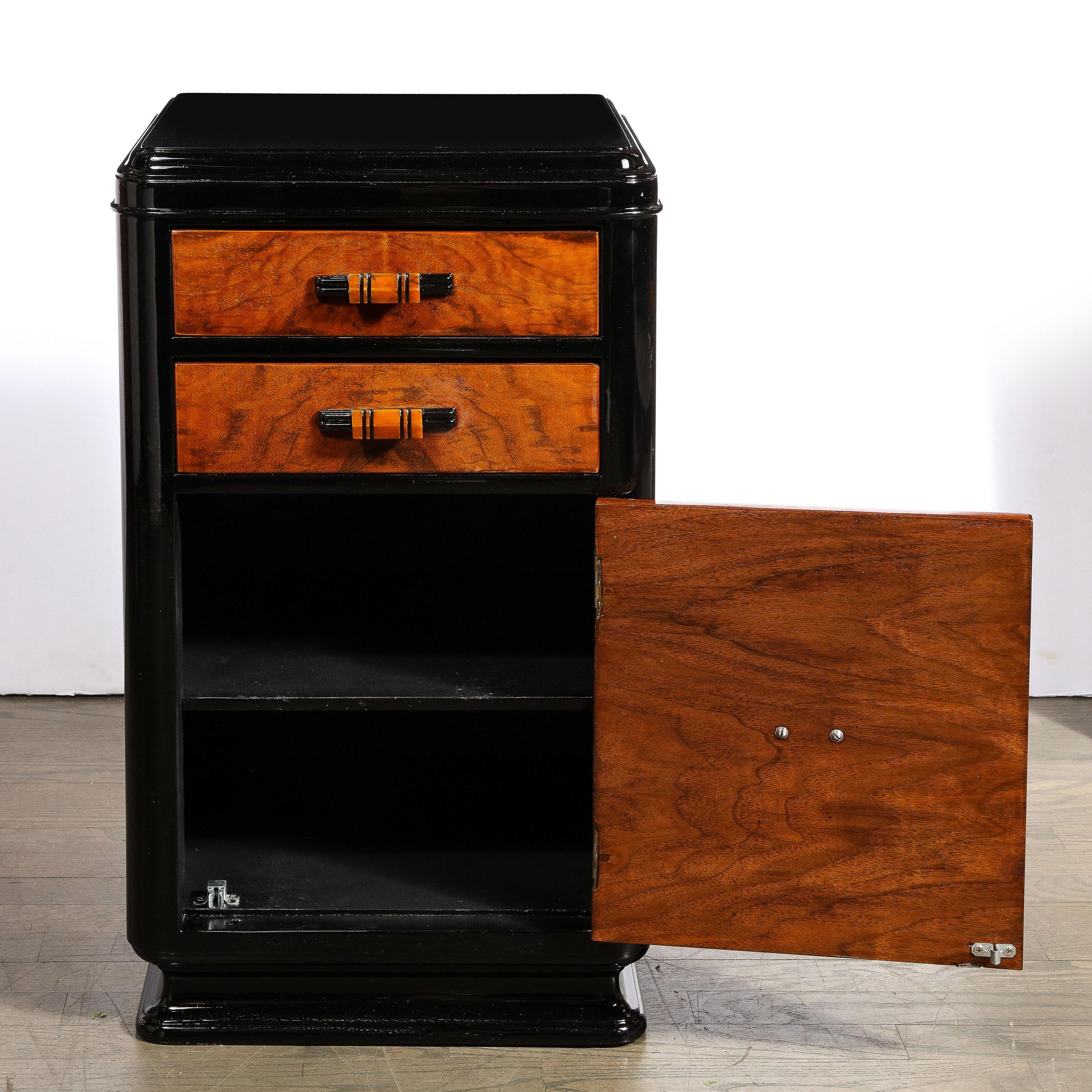 Mid-20th Century Art Deco Machine Age Book-Matched Walnut & Black Lacquer End Table/ Nightstand