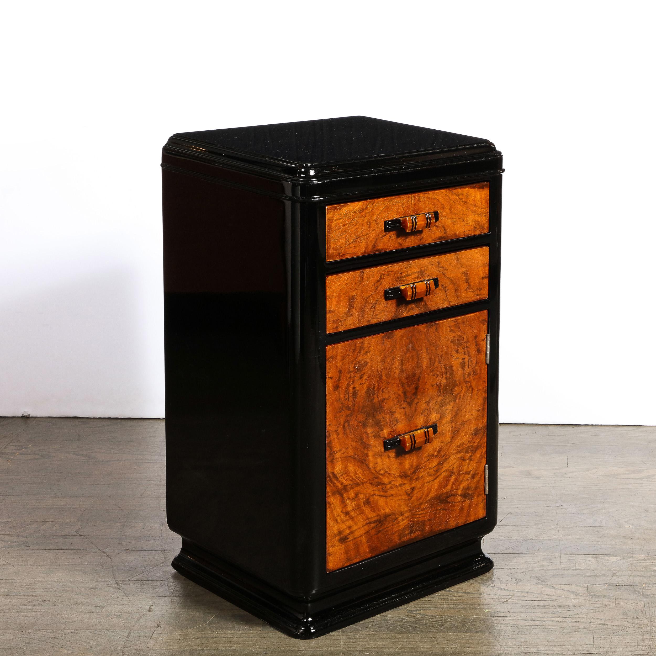 Art Deco Machine Age Book-Matched Walnut & Black Lacquer End Table/ Nightstand 1