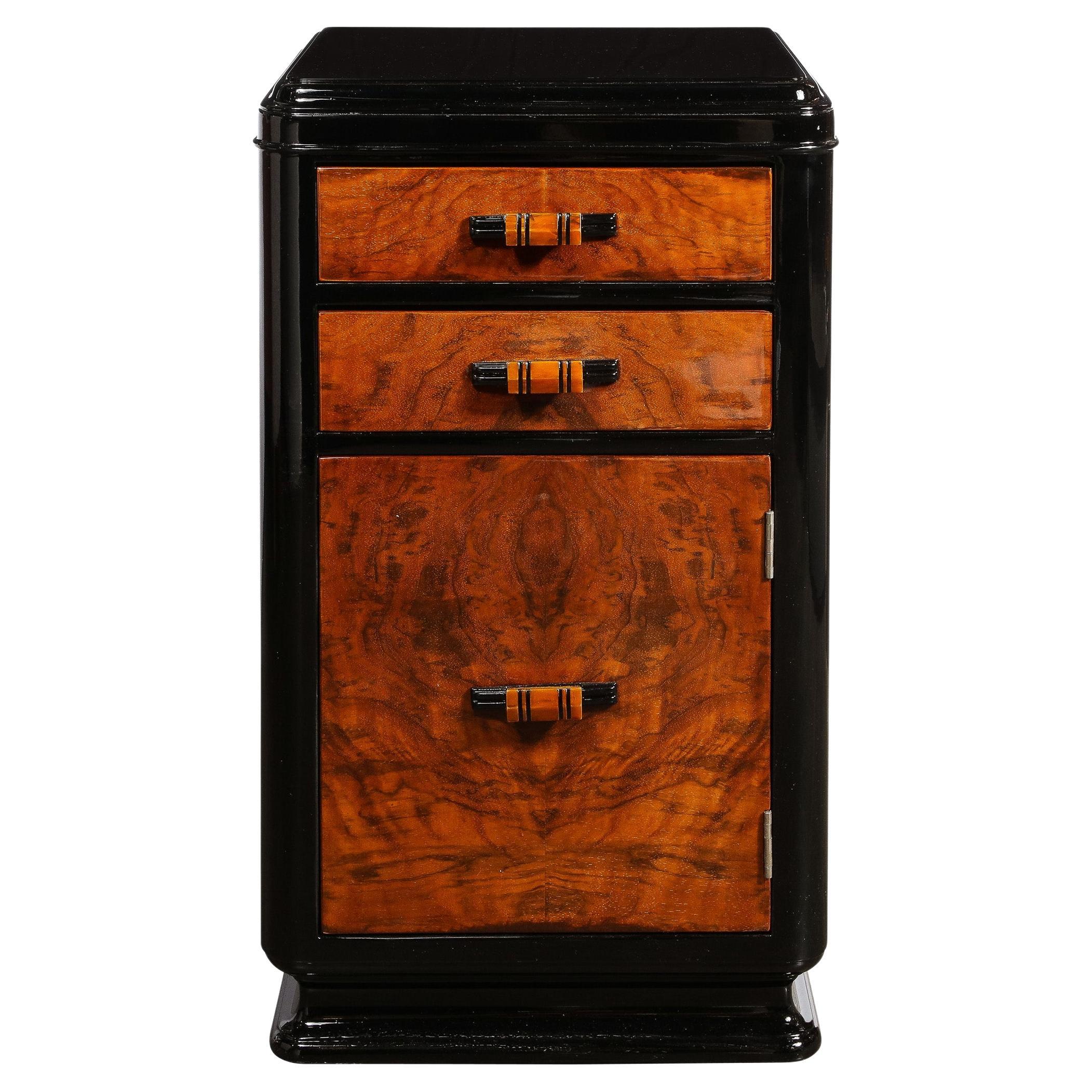Art Deco Machine Age Book-Matched Walnut & Black Lacquer End Table/ Nightstand