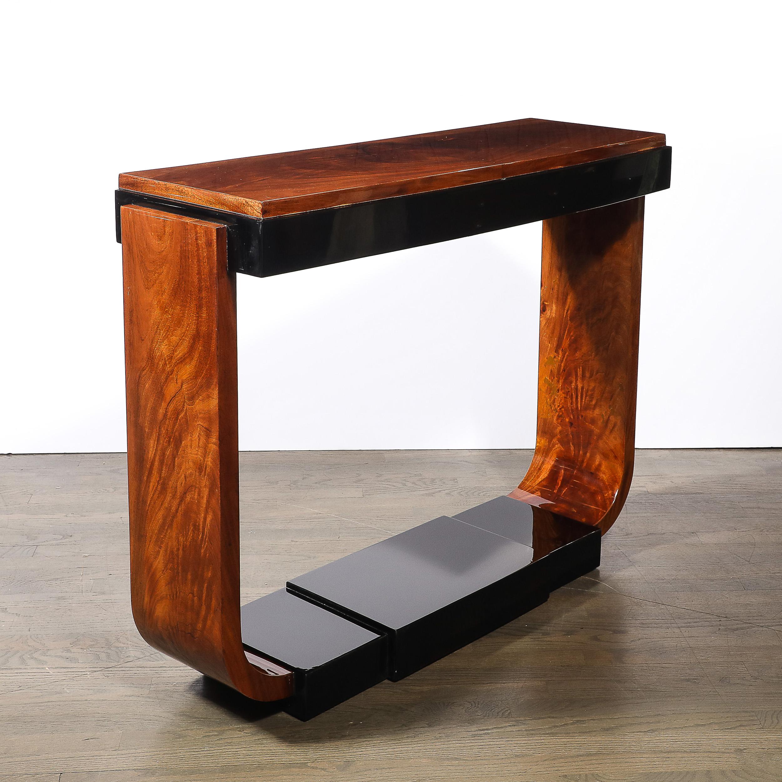 Art Deco Machine Age Book-Matched Walnut w/ Black Lacquer Accent Console Tables For Sale 5