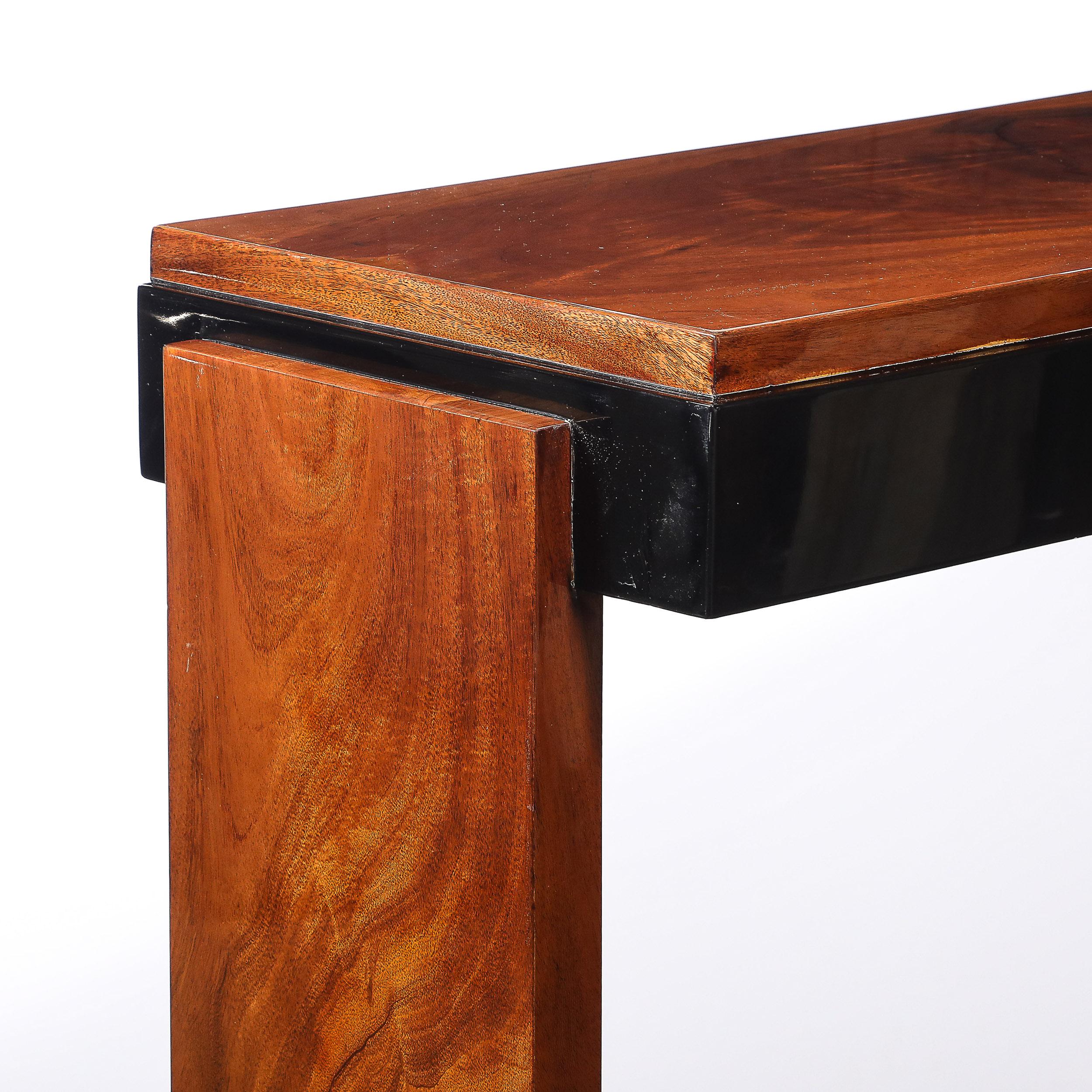 Art Deco Machine Age Book-Matched Walnut w/ Black Lacquer Accent Console Tables For Sale 6