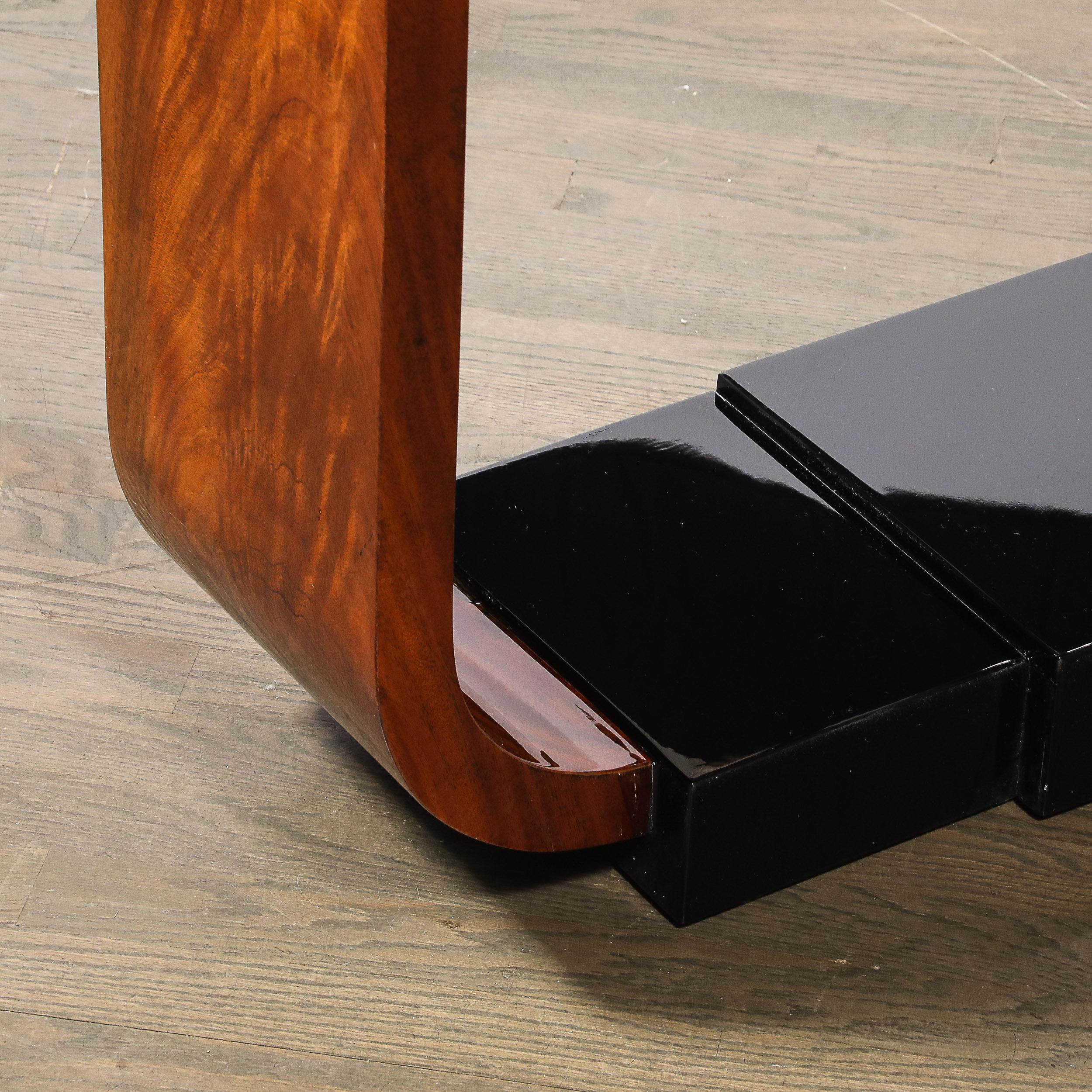 Art Deco Machine Age Book-Matched Walnut w/ Black Lacquer Accent Console Tables For Sale 7