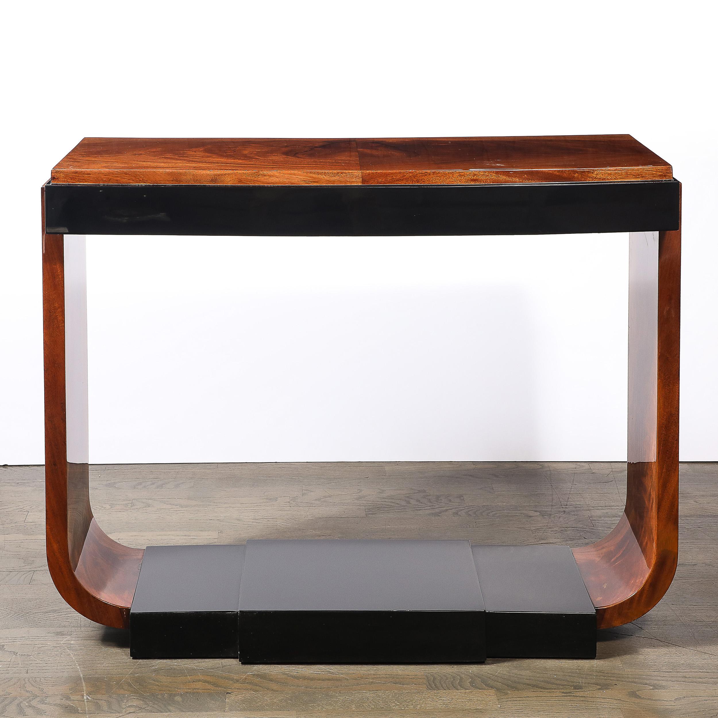Art Deco Machine Age Book-Matched Walnut w/ Black Lacquer Accent Console Tables For Sale 8