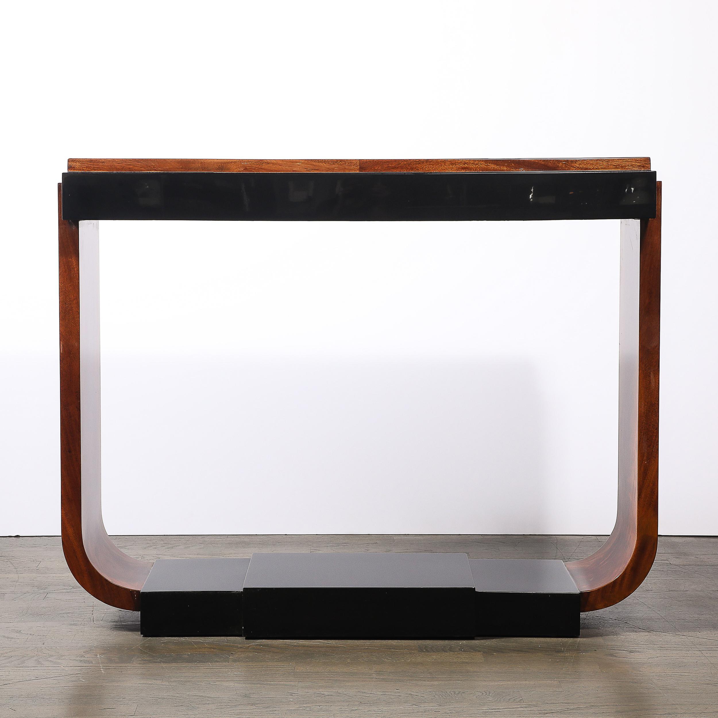 Art Deco Machine Age Book-Matched Walnut w/ Black Lacquer Accent Console Tables For Sale 9