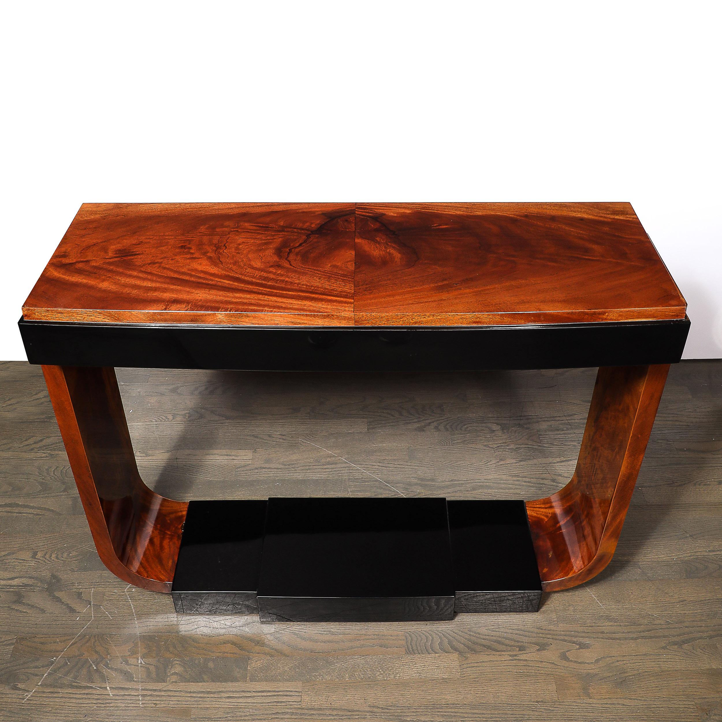 Art Deco Machine Age Book-Matched Walnut w/ Black Lacquer Accent Console Tables For Sale 10