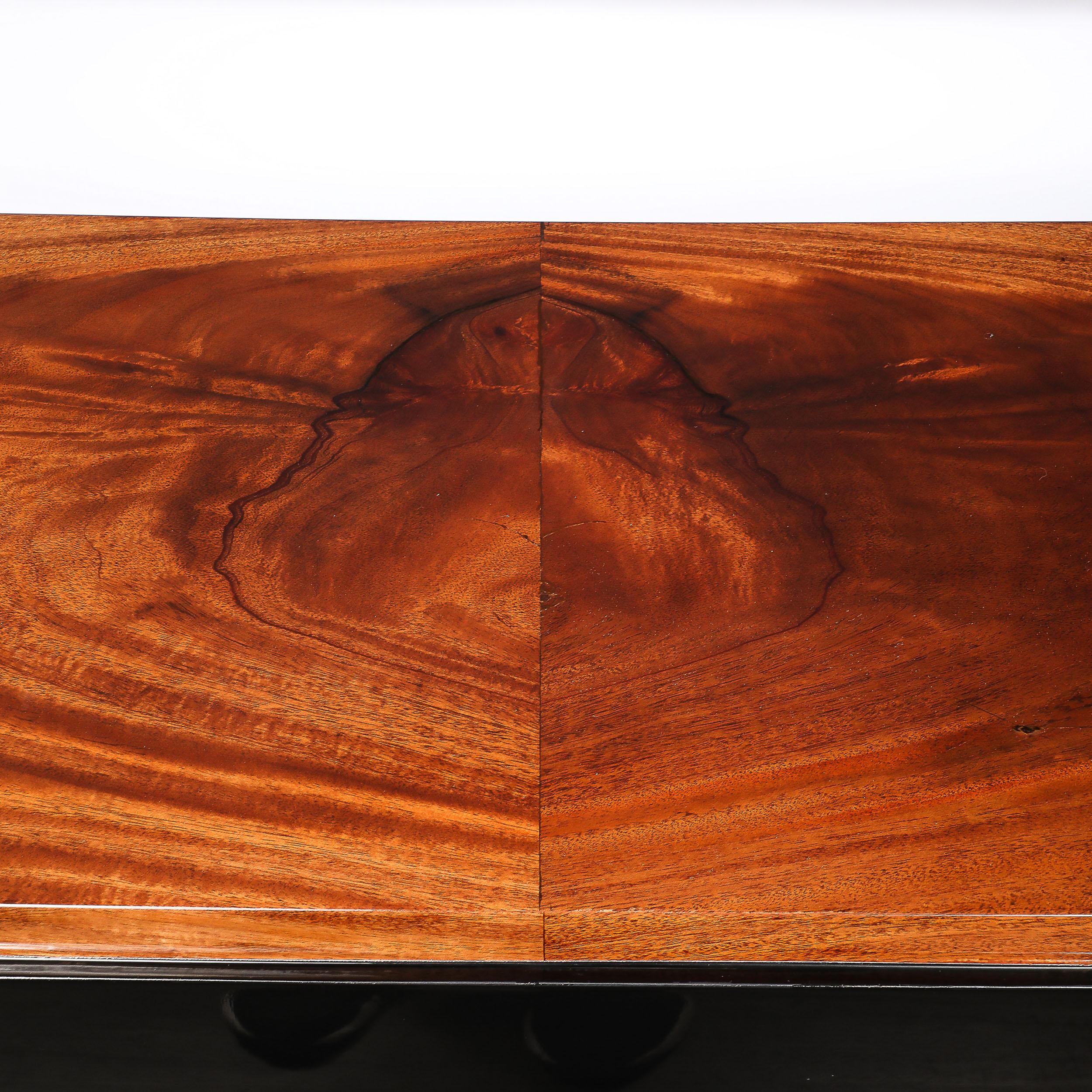 Art Deco Machine Age Book-Matched Walnut w/ Black Lacquer Accent Console Tables For Sale 11