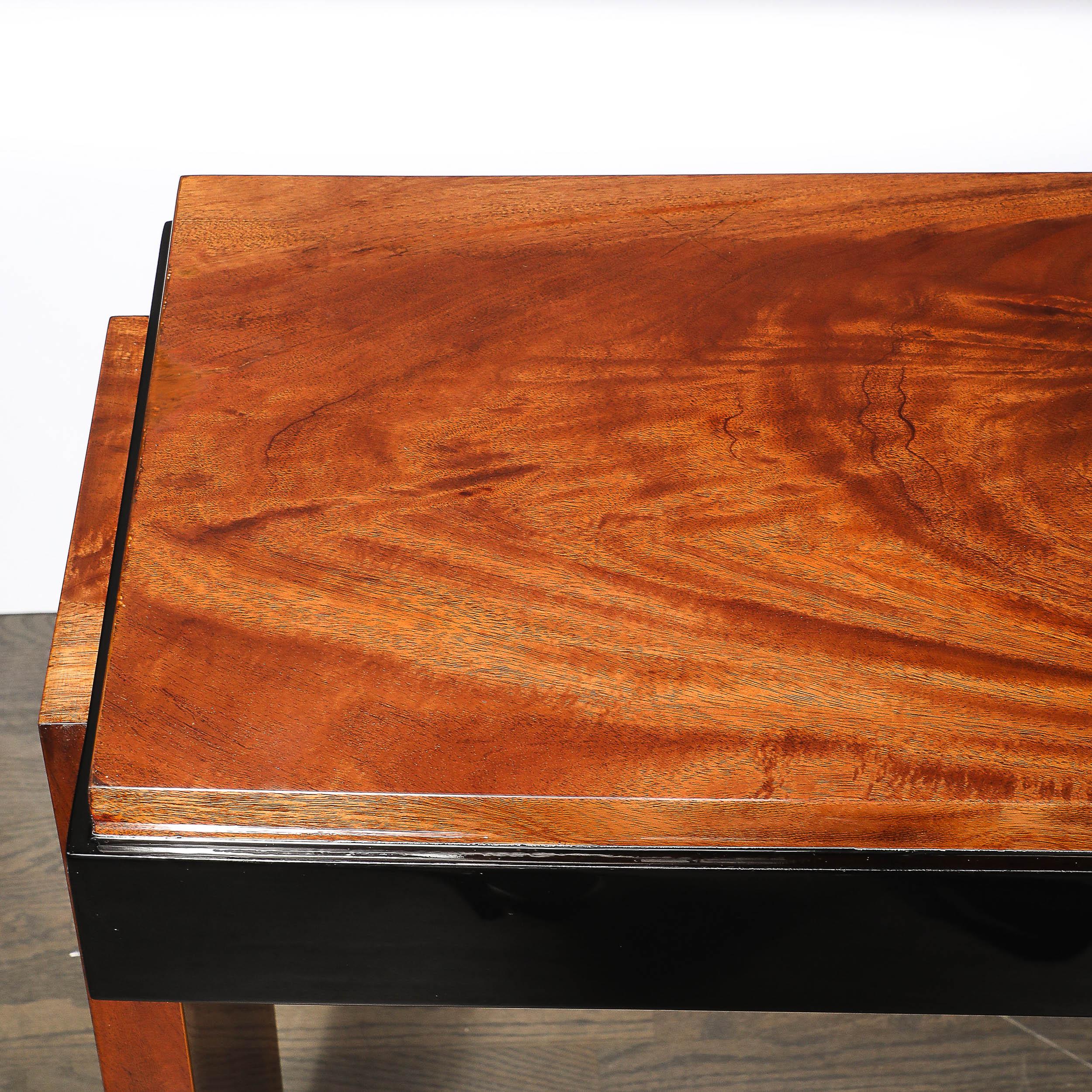 Art Deco Machine Age Book-Matched Walnut w/ Black Lacquer Accent Console Tables For Sale 12
