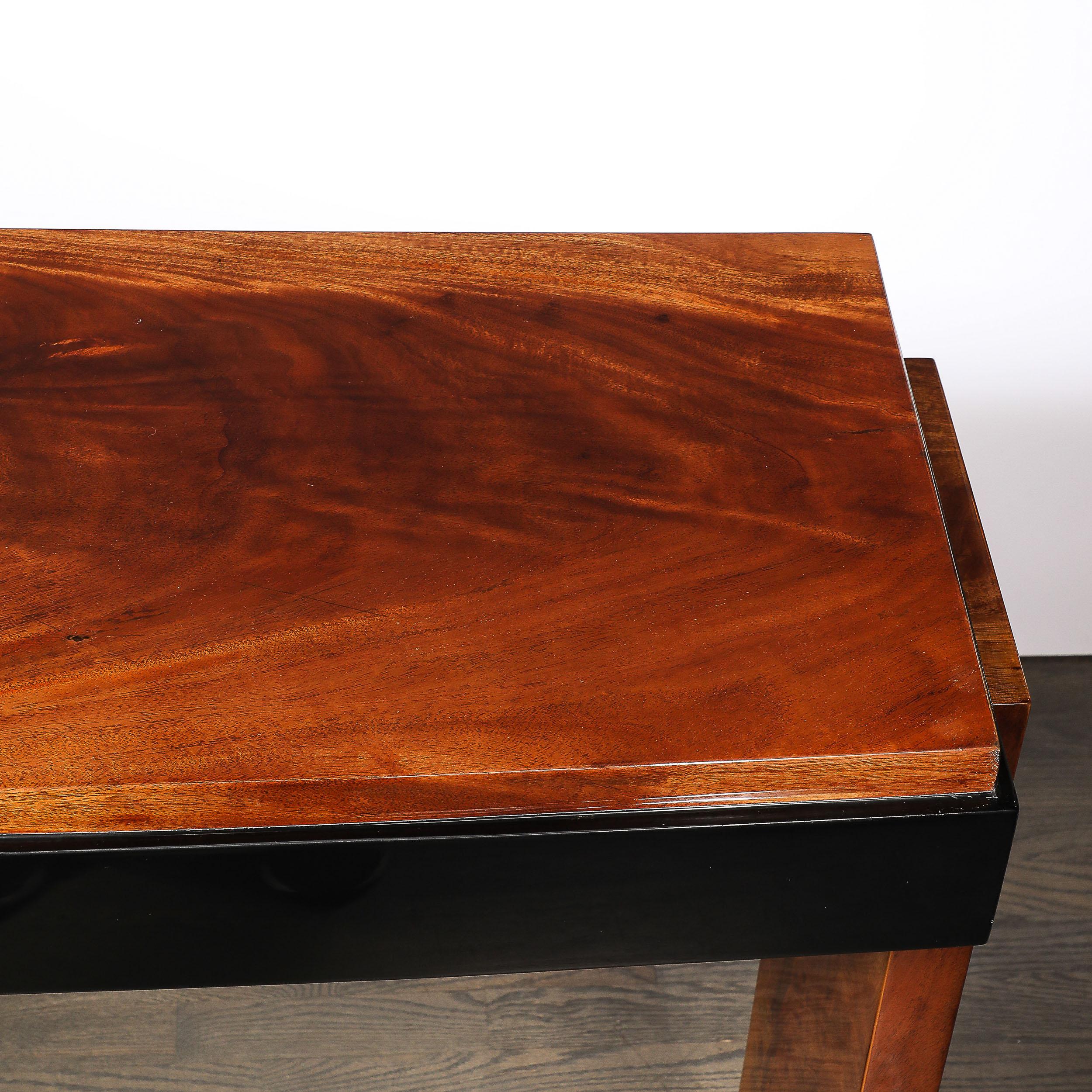 Art Deco Machine Age Book-Matched Walnut w/ Black Lacquer Accent Console Tables For Sale 13
