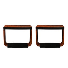 Art Deco Machine Age Book-Matched Walnut w/ Black Lacquer Accent Console Tables