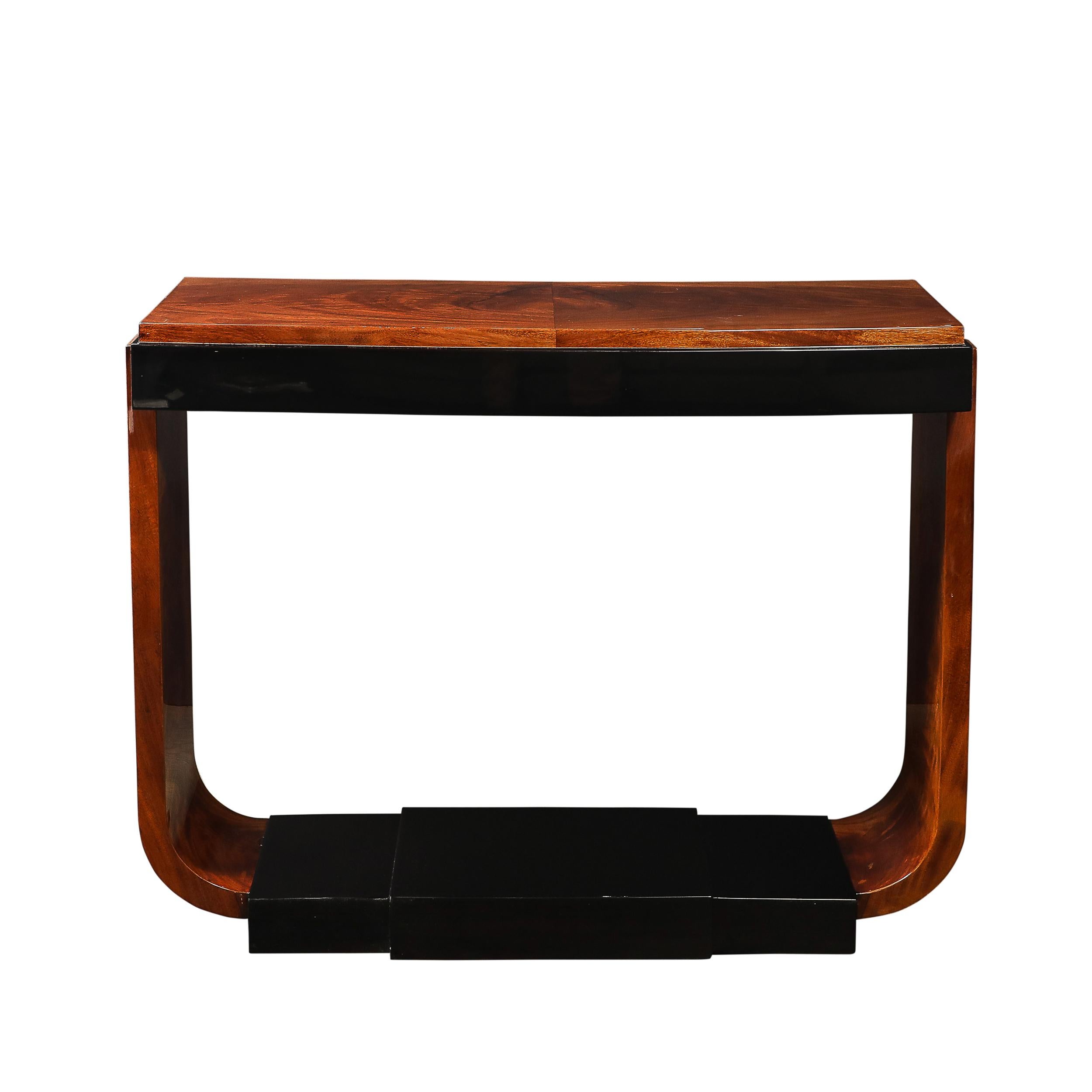 American Art Deco Machine Age Book-Matched Walnut w/ Black Lacquer Accent Console Tables For Sale