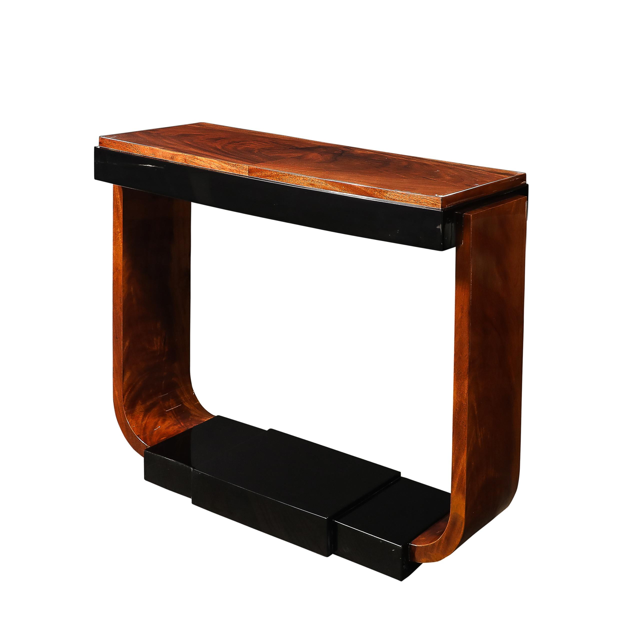 Art Deco Machine Age Book-Matched Walnut w/ Black Lacquer Accent Console Tables In Excellent Condition For Sale In New York, NY