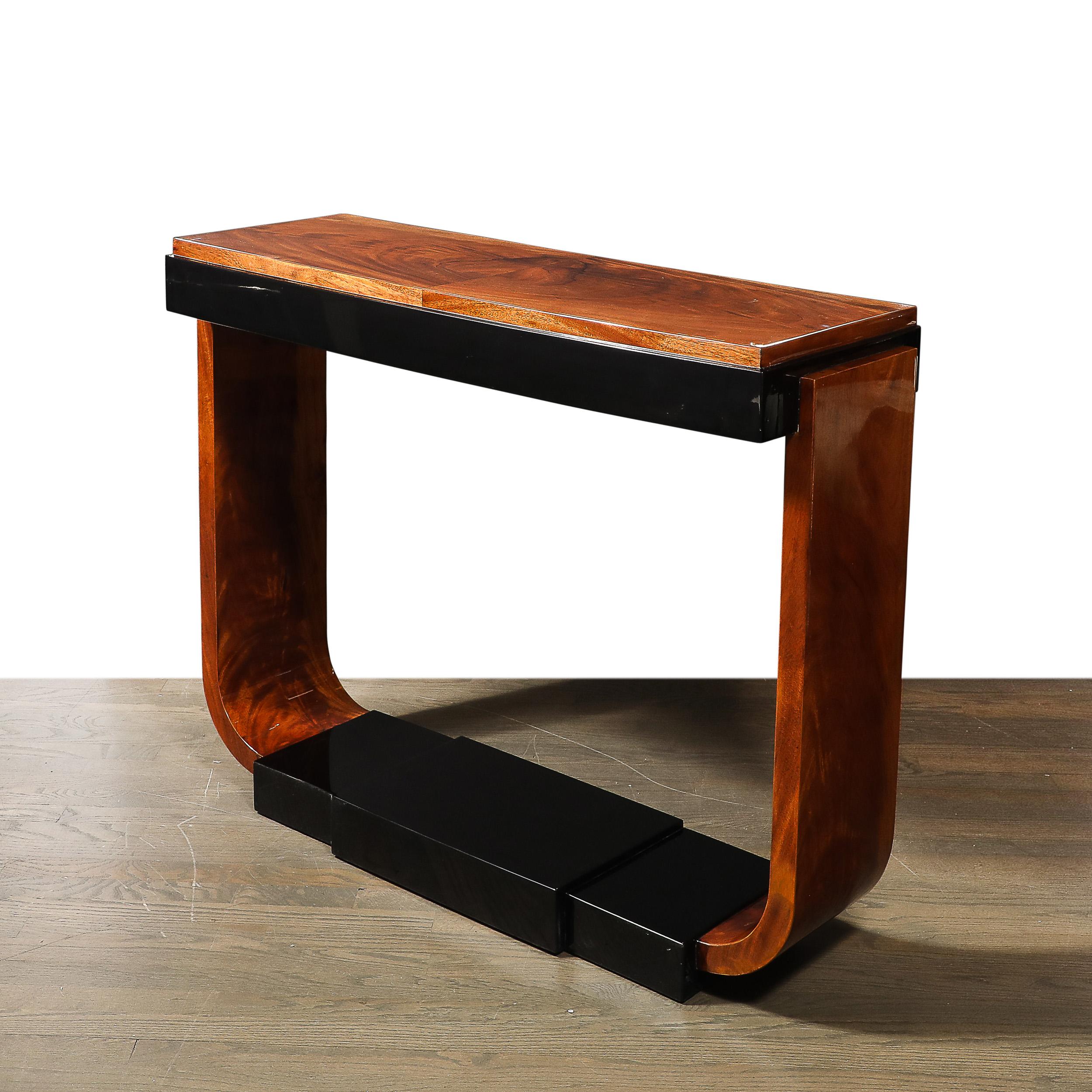 Mid-20th Century Art Deco Machine Age Book-Matched Walnut w/ Black Lacquer Accent Console Tables For Sale