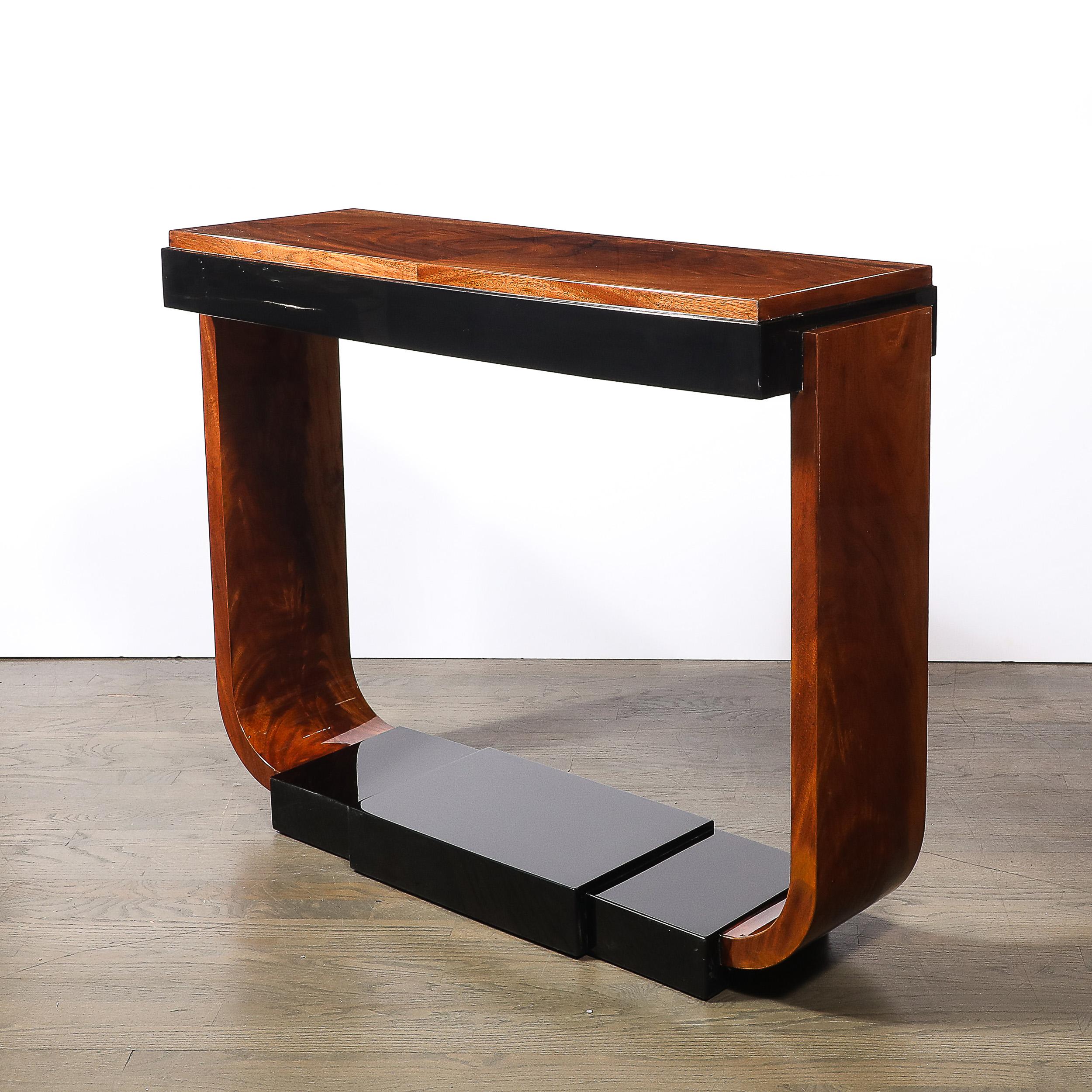 Art Deco Machine Age Book-Matched Walnut w/ Black Lacquer Accent Console Tables For Sale 1