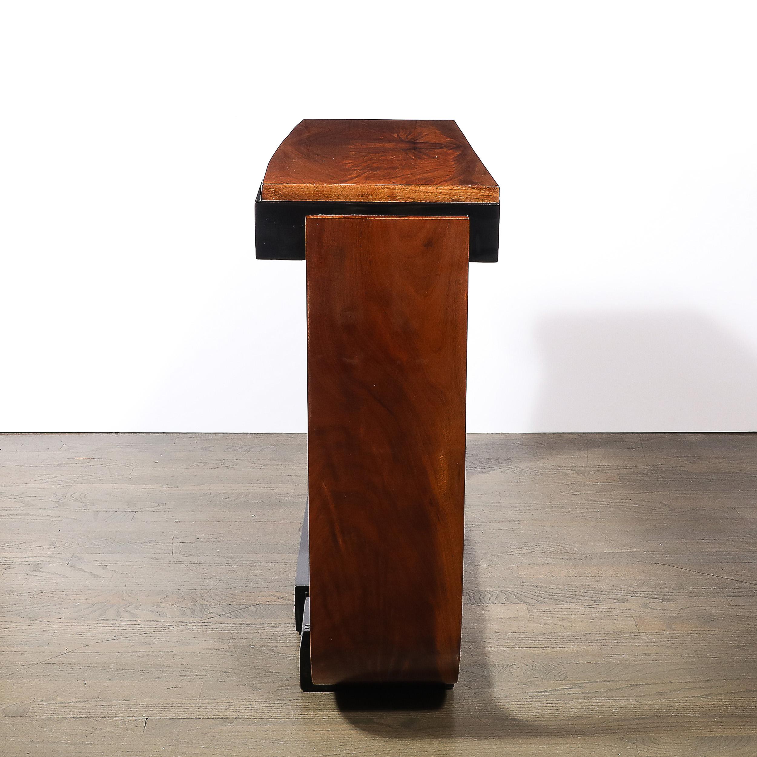 Art Deco Machine Age Book-Matched Walnut w/ Black Lacquer Accent Console Tables For Sale 2