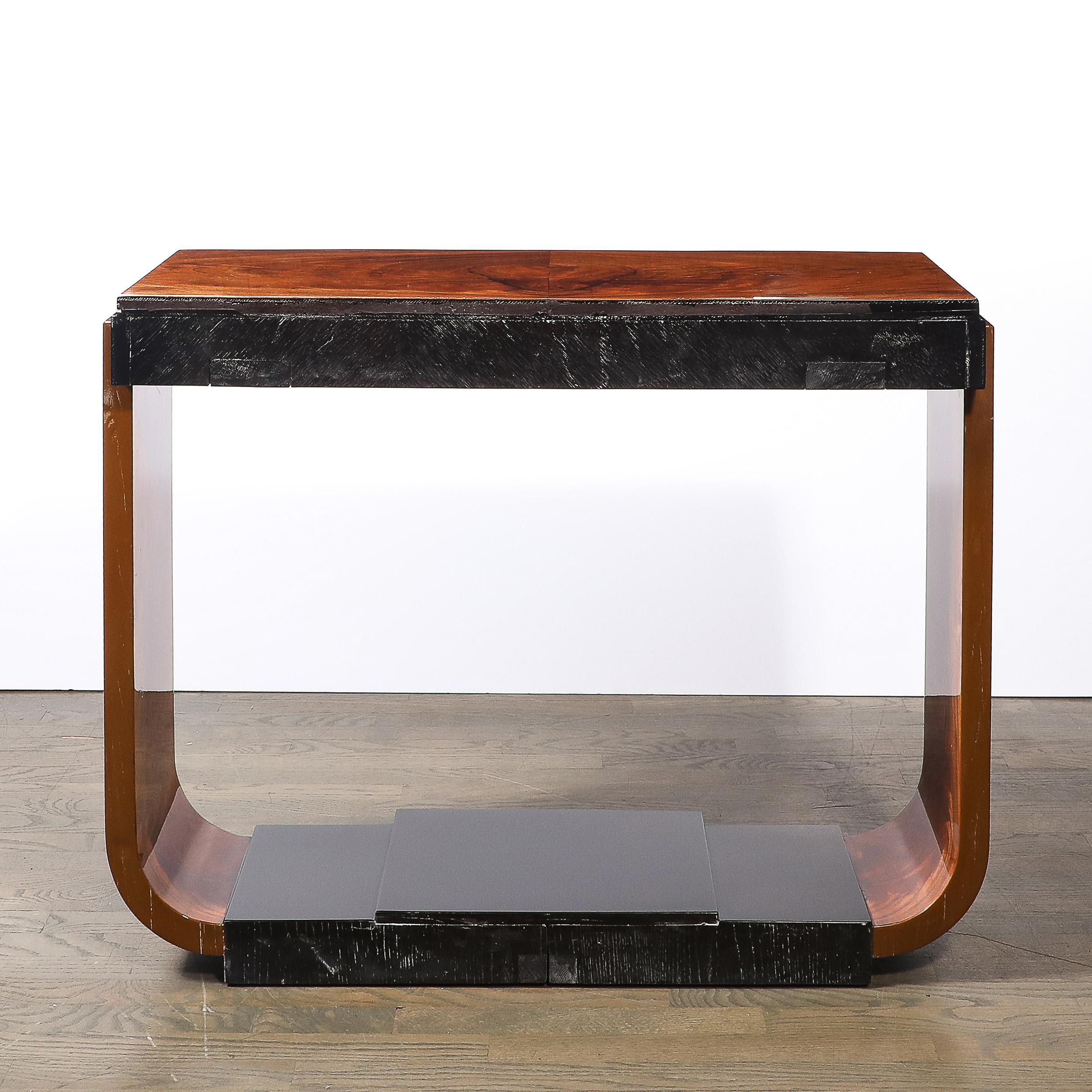 Art Deco Machine Age Book-Matched Walnut w/ Black Lacquer Accent Console Tables For Sale 3