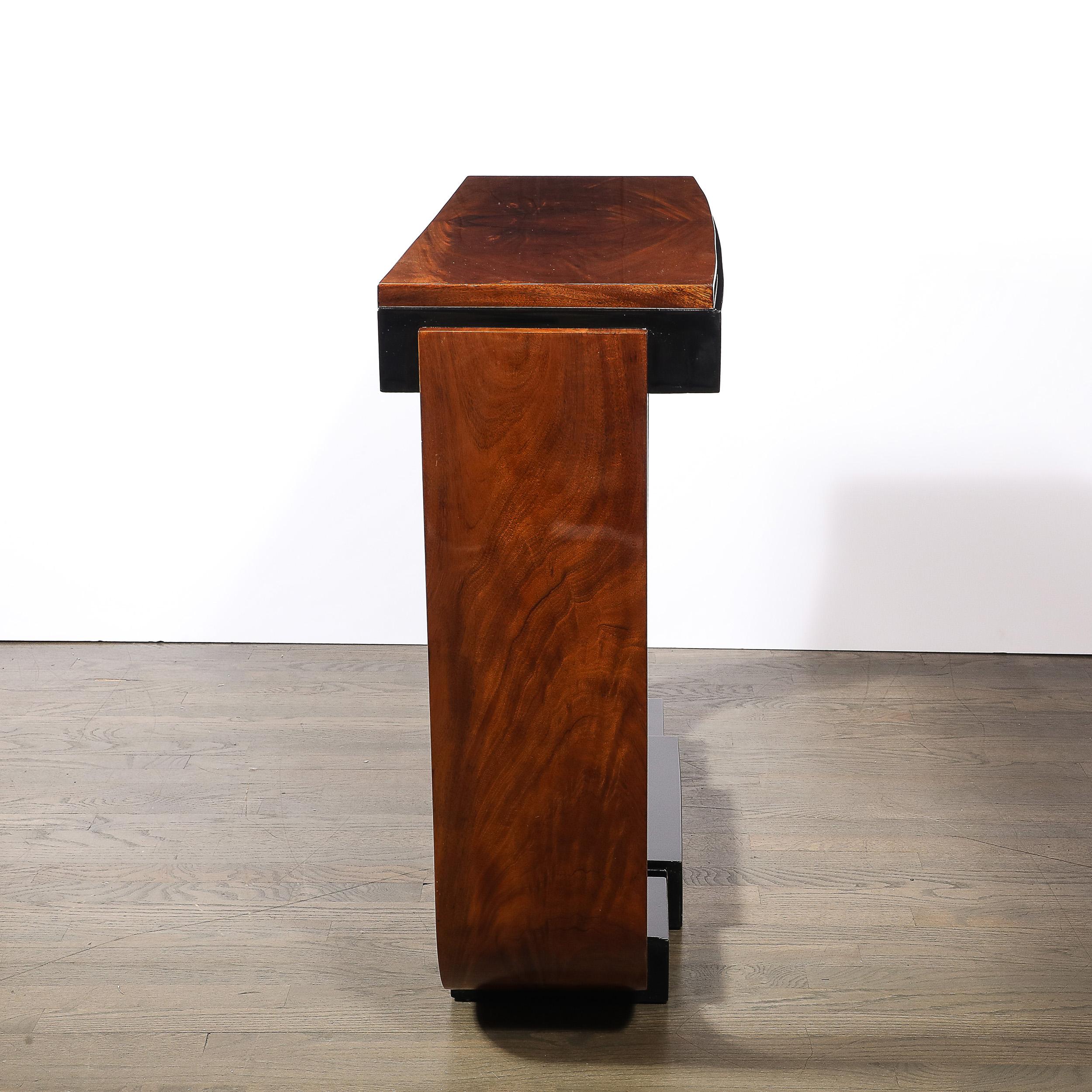 Art Deco Machine Age Book-Matched Walnut w/ Black Lacquer Accent Console Tables For Sale 4
