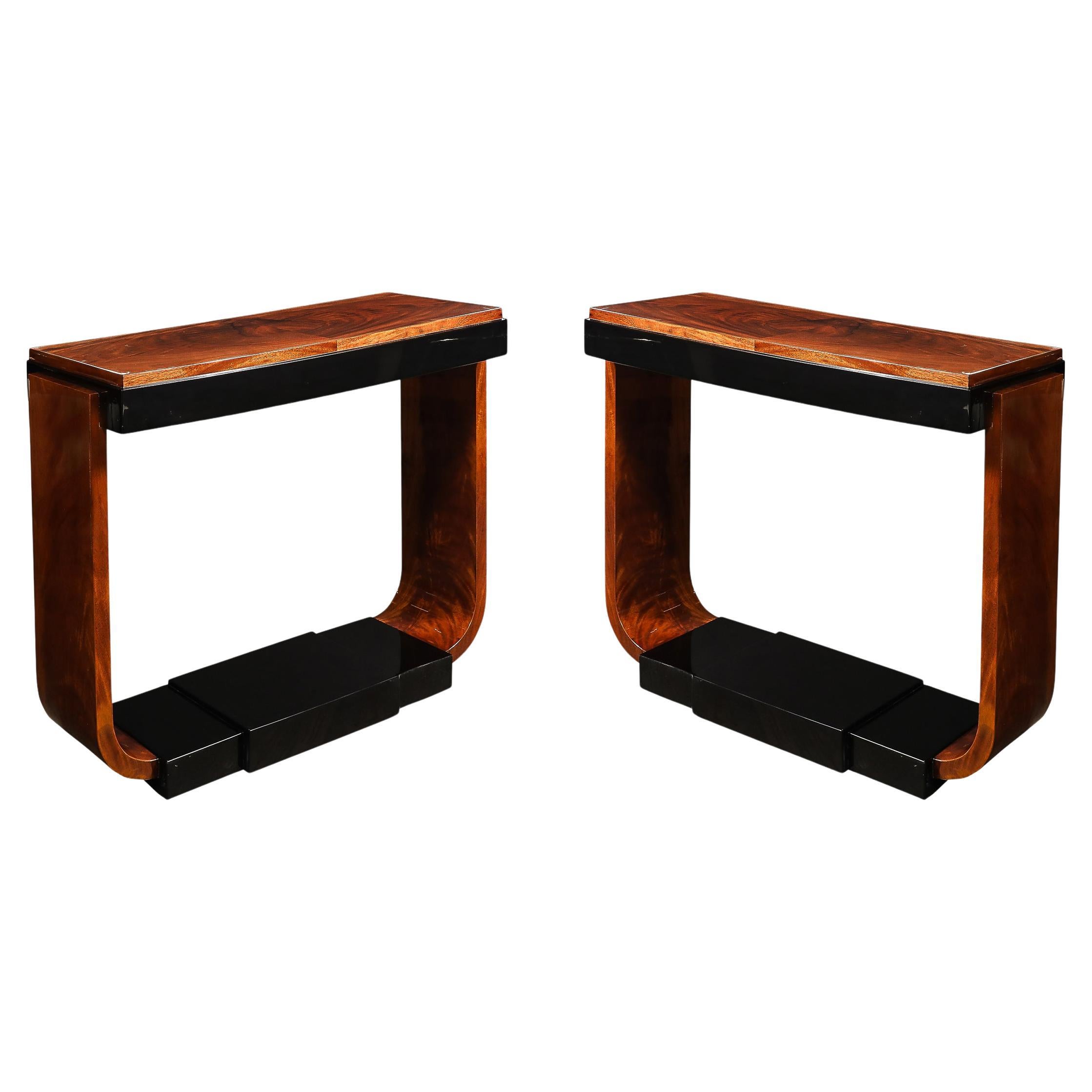 Art Deco Machine Age Book-Matched Walnut w/ Black Lacquer Accent Console Tables For Sale