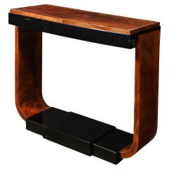 Art Deco Machine Age Book-Matched Walnut w/ Black Lacquer Accents Console Table