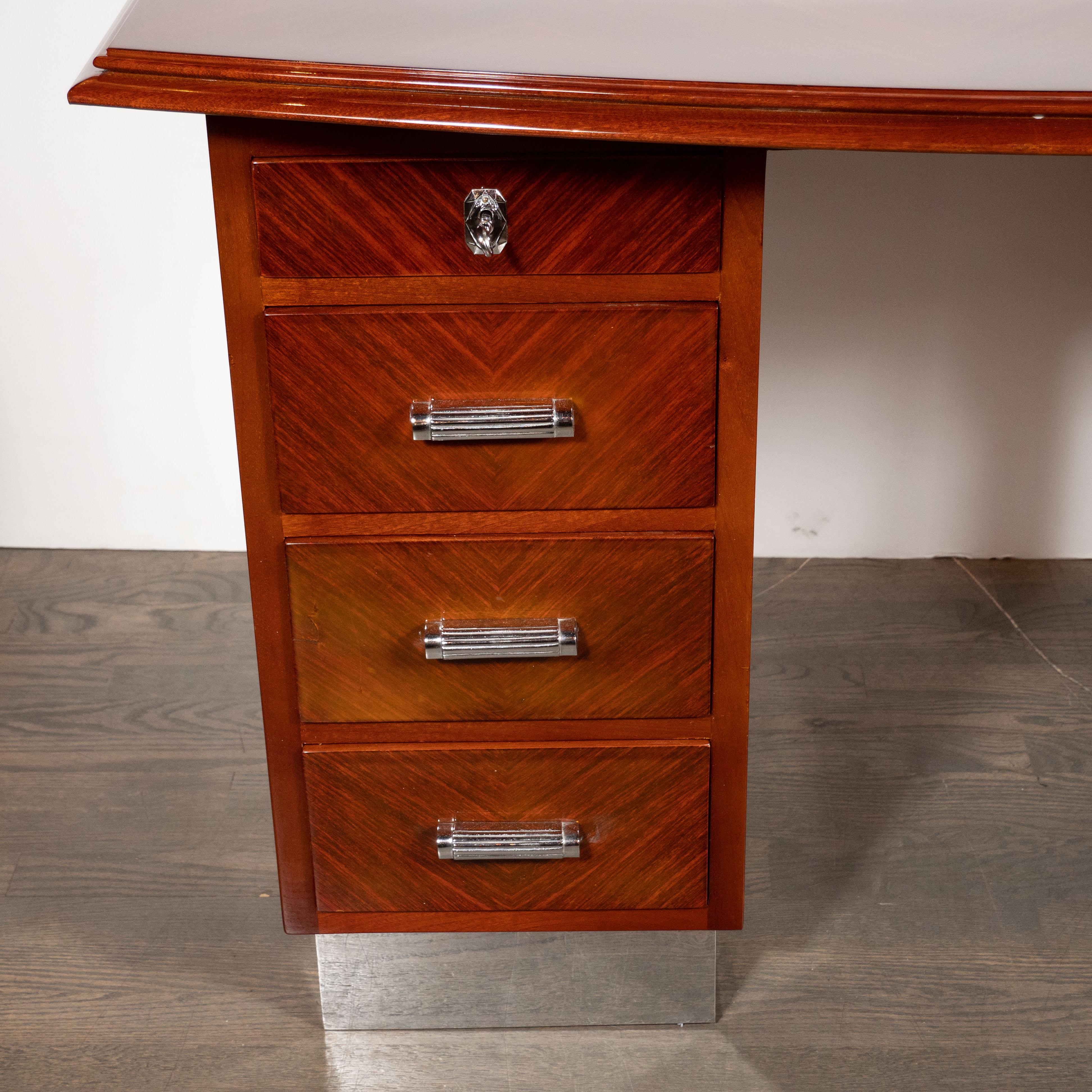 Art Deco Machine Age Bookmatched Bowfront Rosewood Desk with Nickel Wrapped Base In Excellent Condition In New York, NY