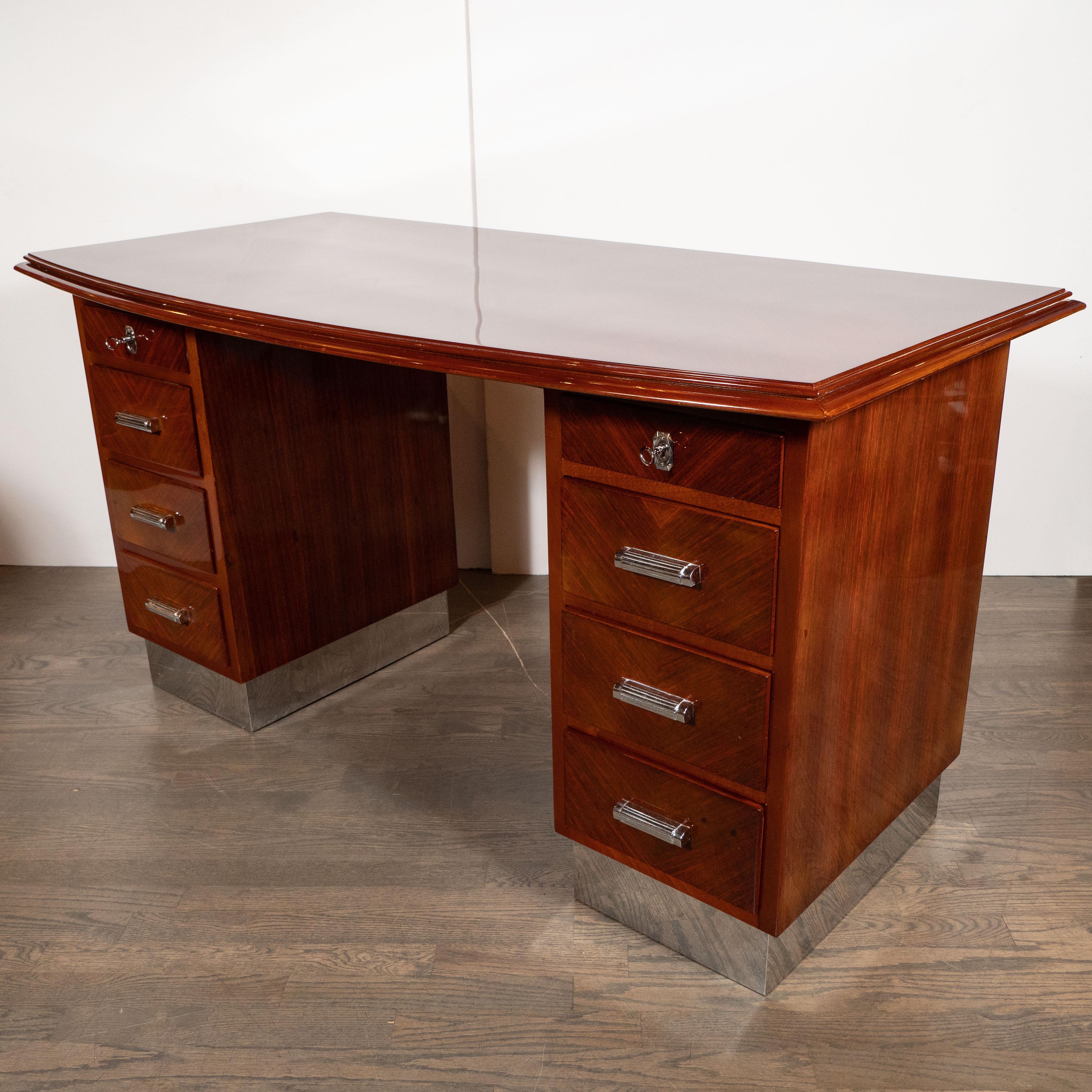 Mid-20th Century Art Deco Machine Age Bookmatched Bowfront Rosewood Desk with Nickel Wrapped Base