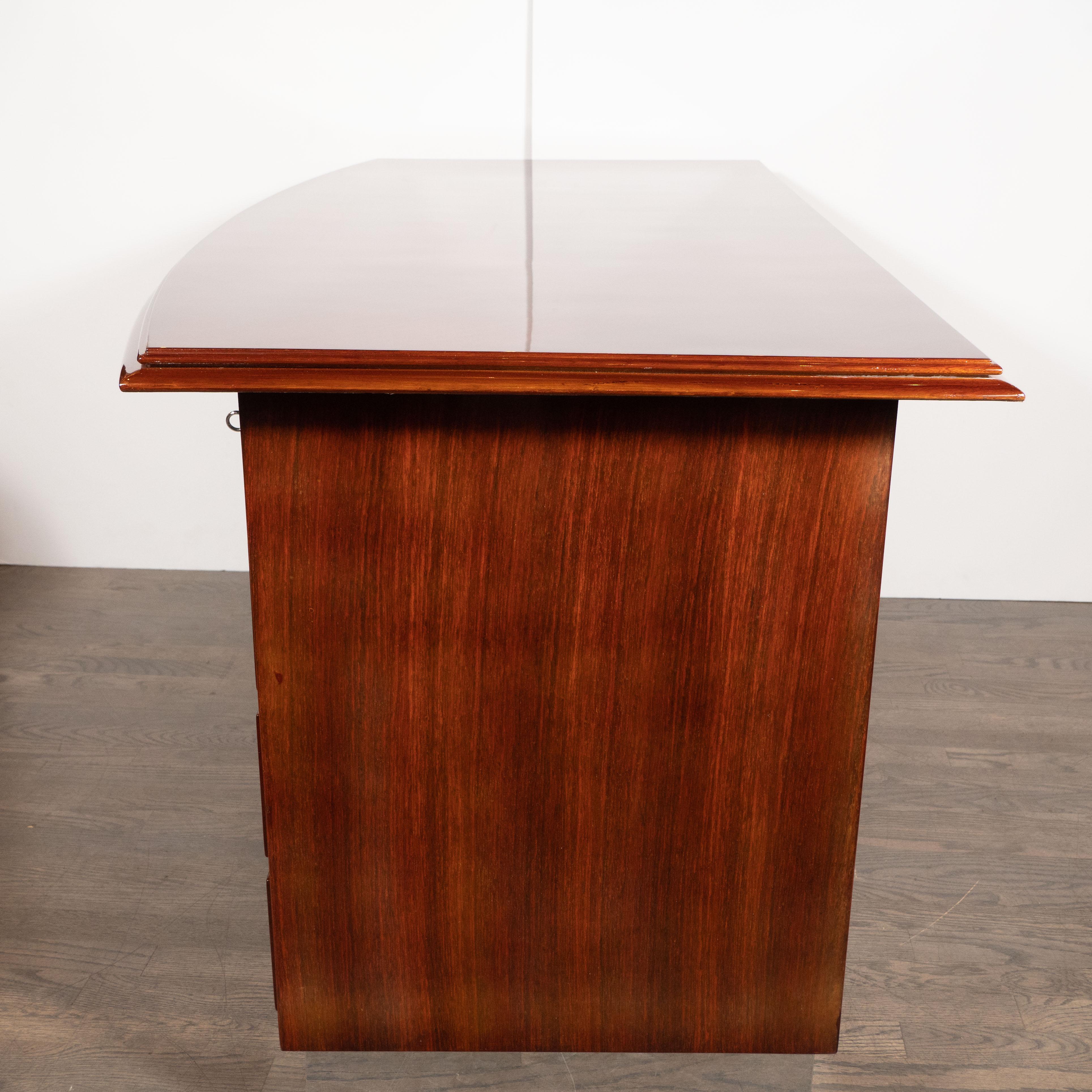 Art Deco Machine Age Bookmatched Bowfront Rosewood Desk with Nickel Wrapped Base 1